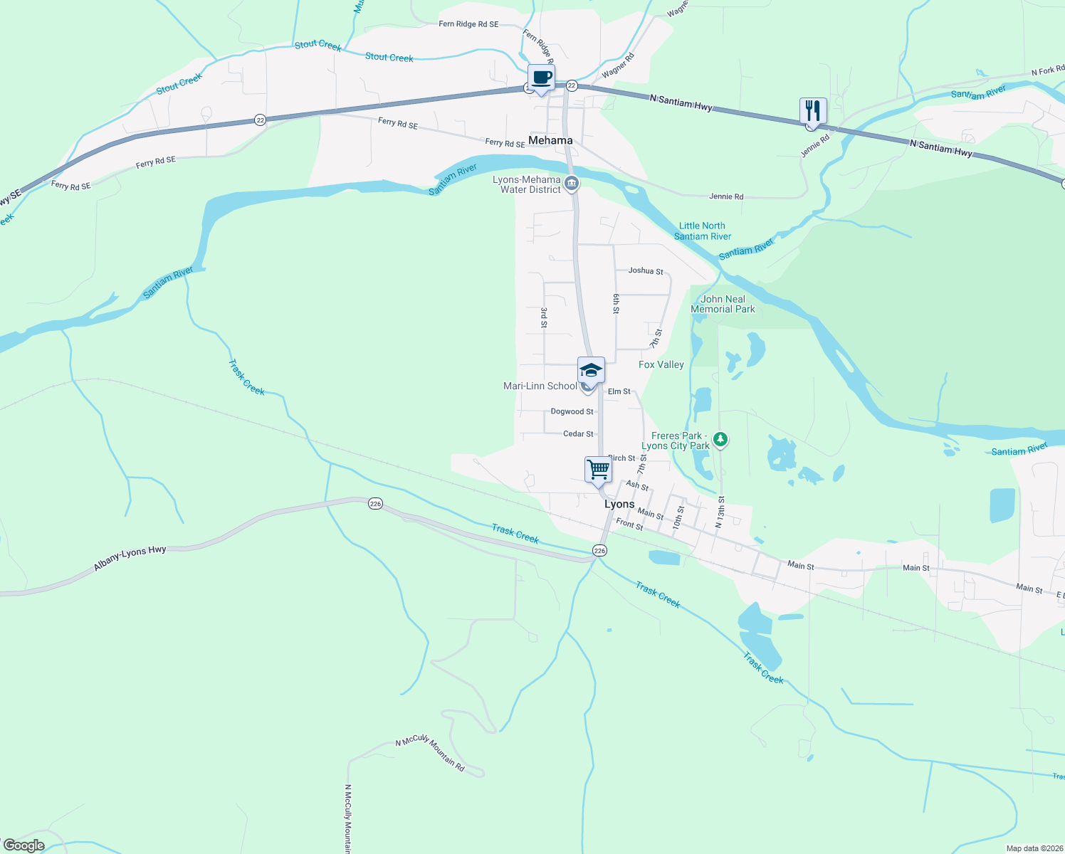 map of restaurants, bars, coffee shops, grocery stores, and more near 247 Cedar St in Lyons