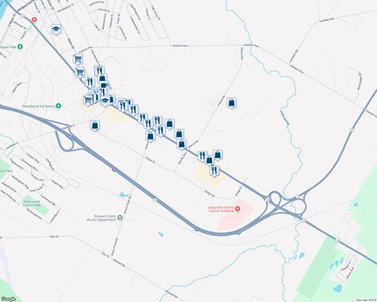 map of restaurants, bars, coffee shops, grocery stores, and more near 617 Wilson Street in Brewer