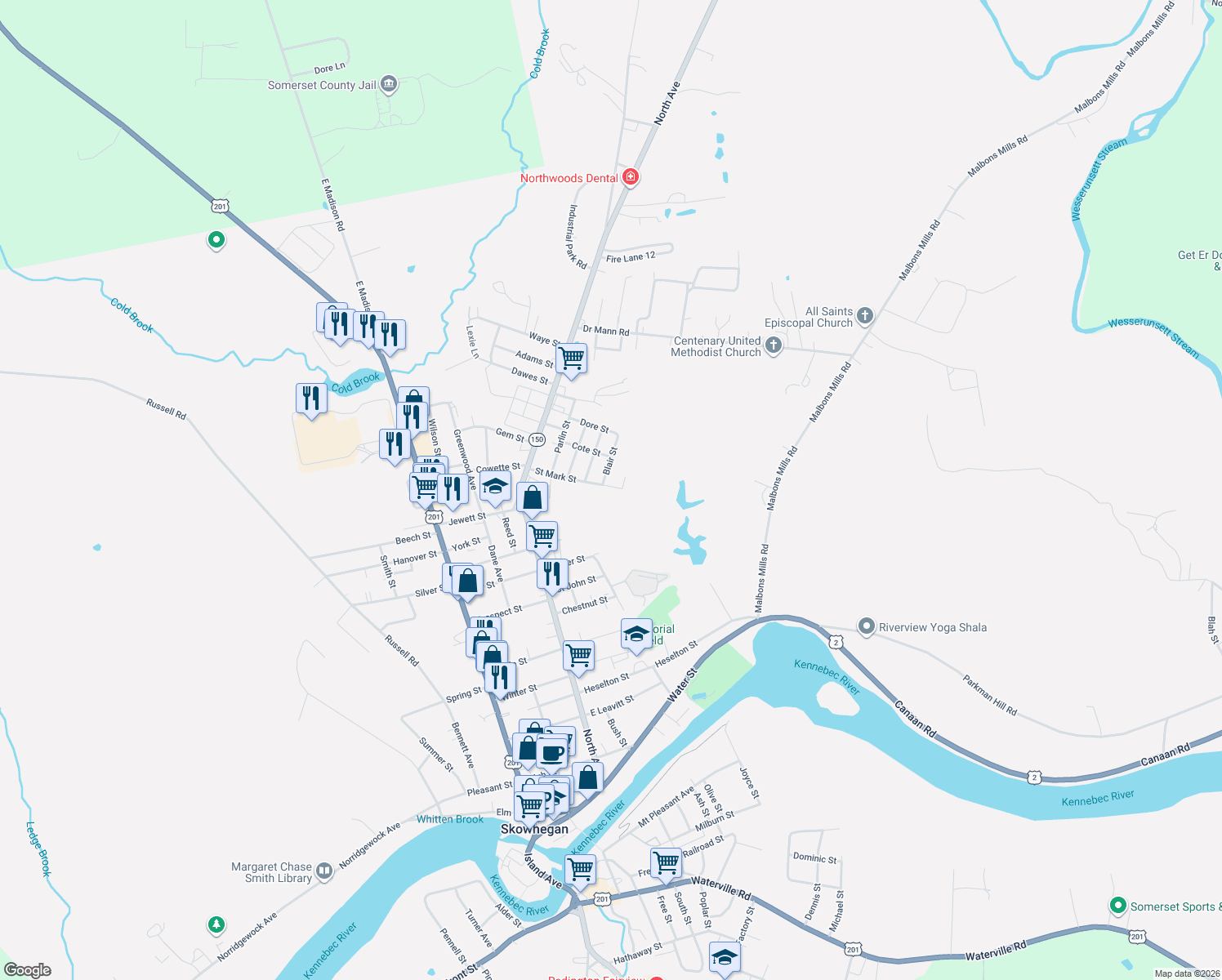 map of restaurants, bars, coffee shops, grocery stores, and more near 45 Saint Mark Street in Skowhegan