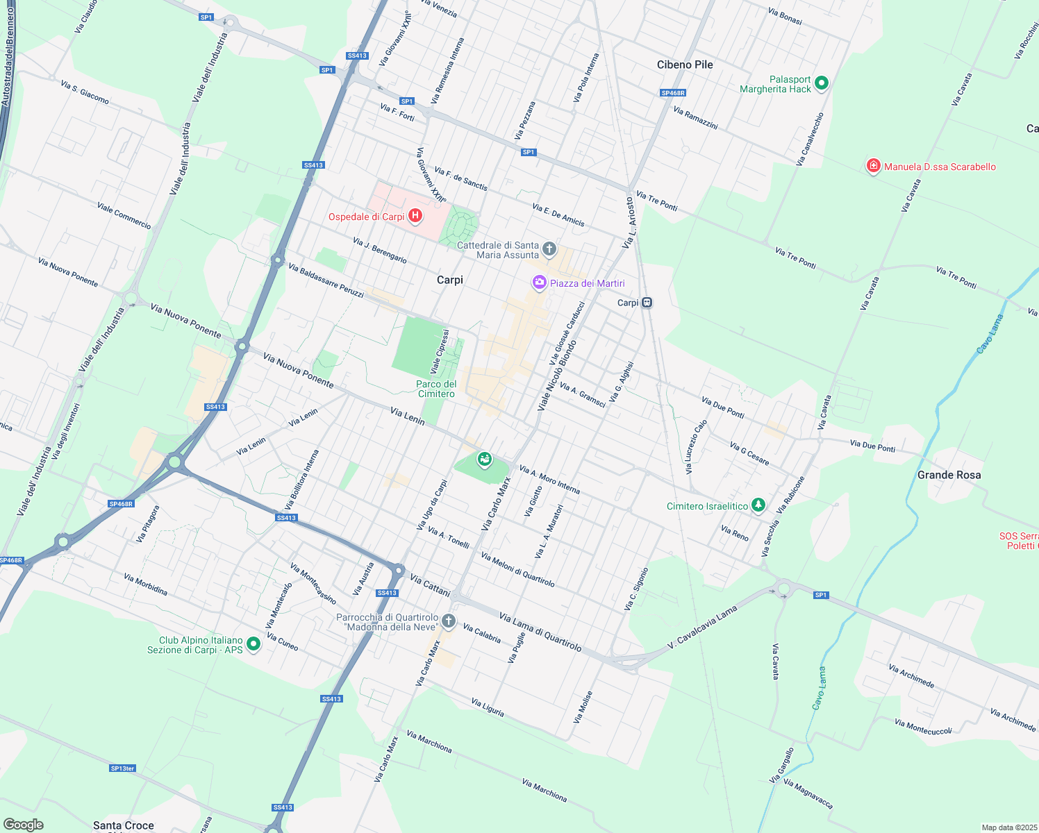map of restaurants, bars, coffee shops, grocery stores, and more near 26 Via Alcide Garagnani in Carpi