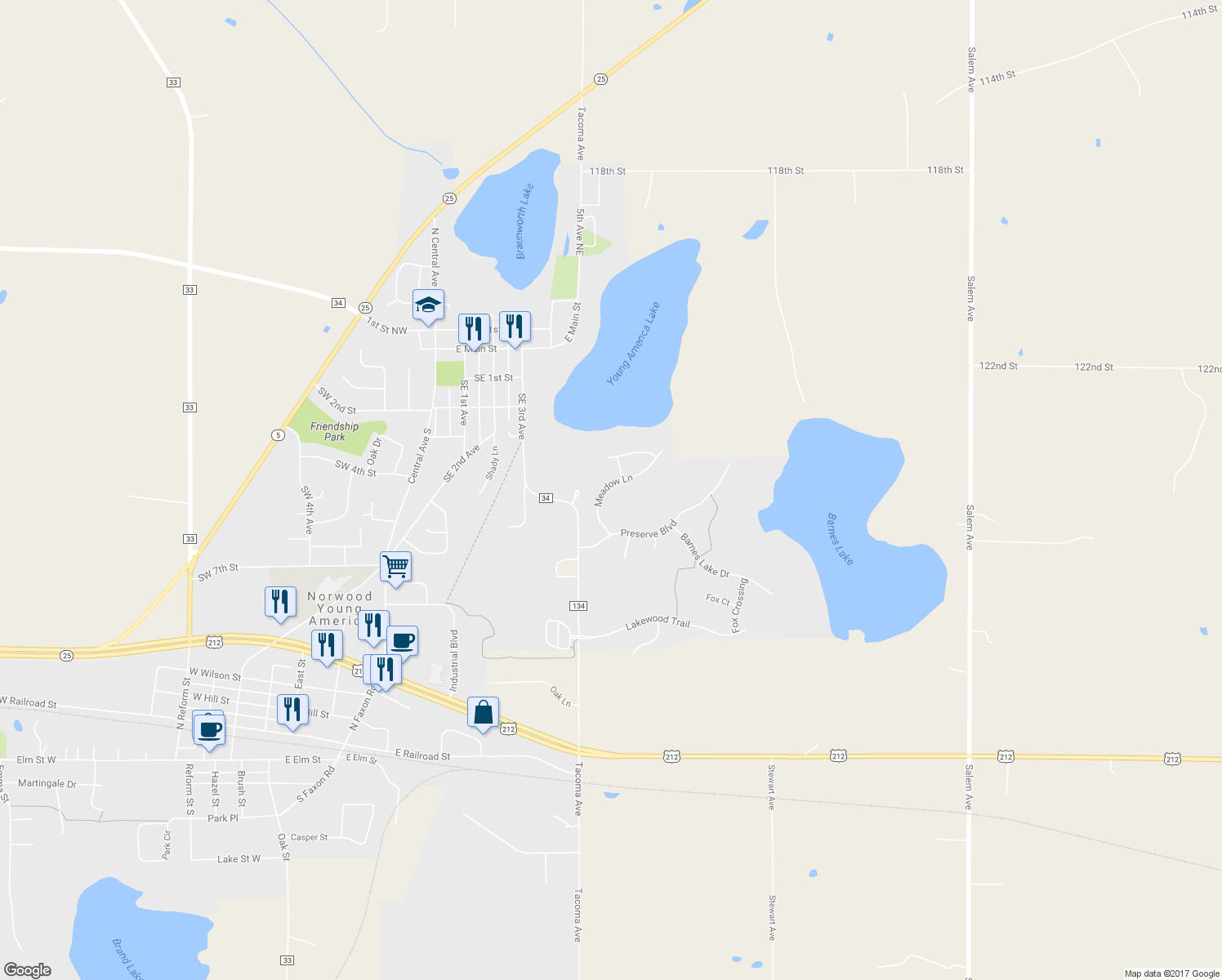 map of restaurants, bars, coffee shops, grocery stores, and more near 498 Meadow Lane in Norwood Young America