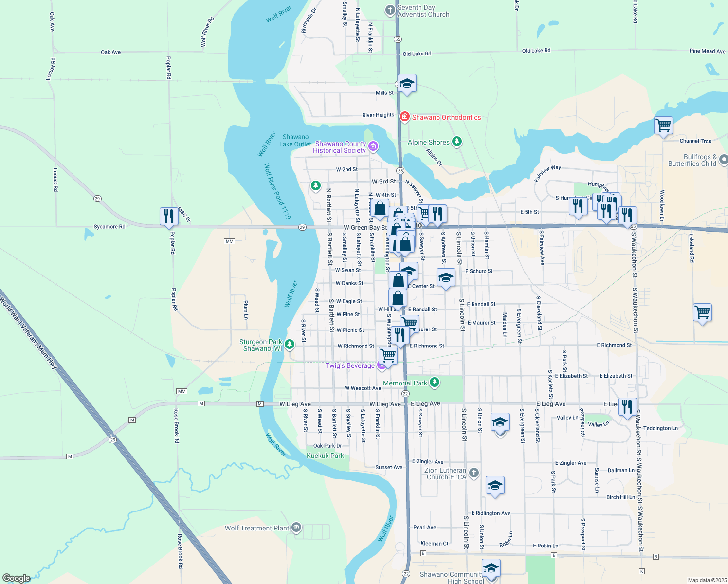 map of restaurants, bars, coffee shops, grocery stores, and more near 414 South Lafayette Street in Shawano