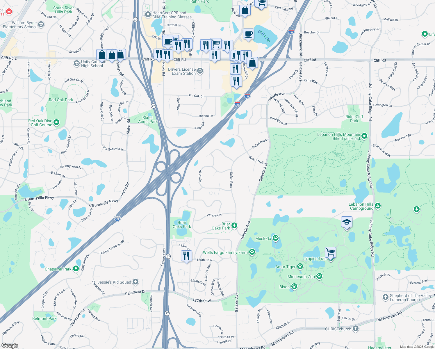 map of restaurants, bars, coffee shops, grocery stores, and more near 2018 Royale Drive in Eagan
