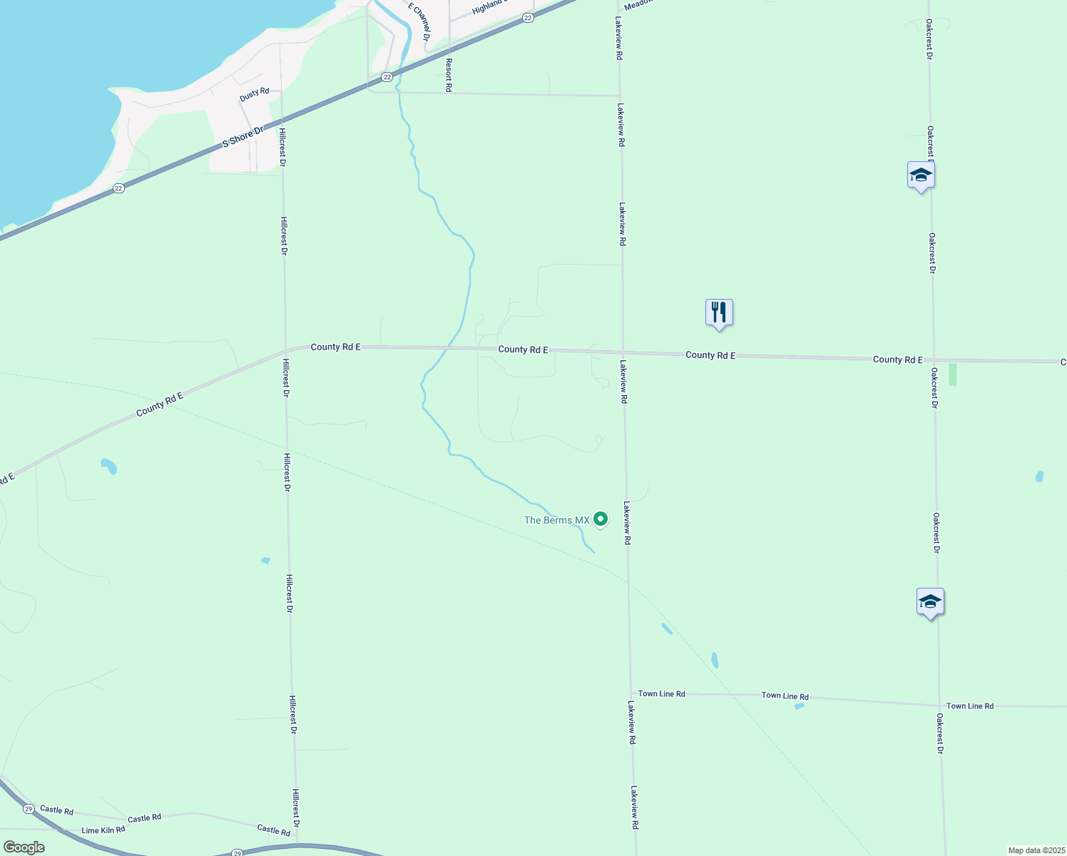 map of restaurants, bars, coffee shops, grocery stores, and more near N5152 Lakeview Way in Bonduel