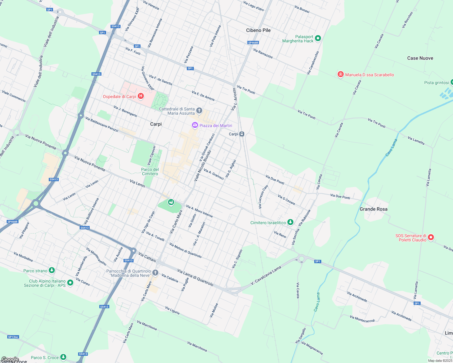 map of restaurants, bars, coffee shops, grocery stores, and more near 15A Via Giovanni Amendola in Carpi Centro