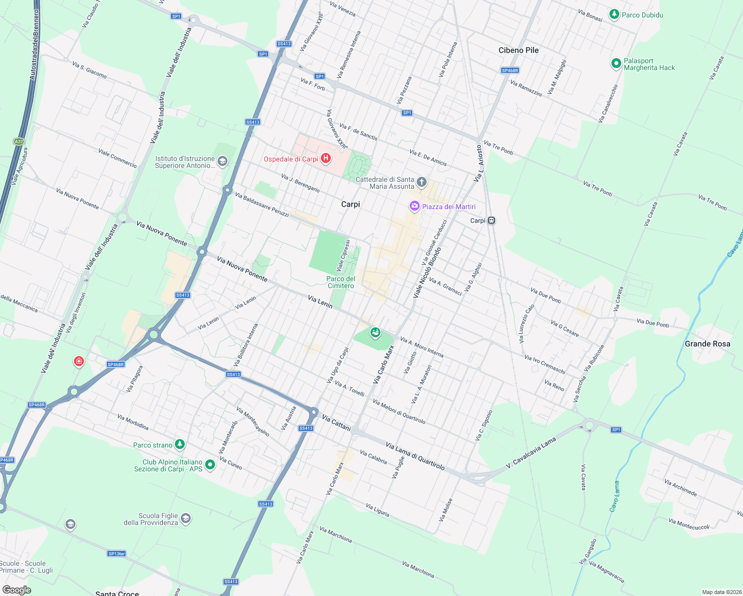 map of restaurants, bars, coffee shops, grocery stores, and more near Viale Felice Cavallotti in Carpi