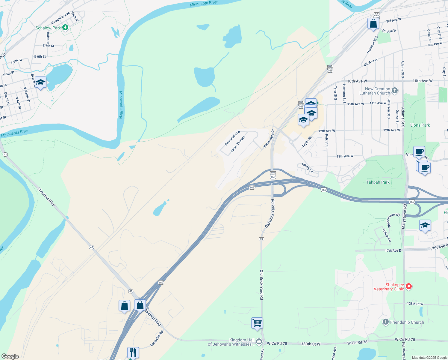 map of restaurants, bars, coffee shops, grocery stores, and more near 744 Fern Lane Terrace in Shakopee