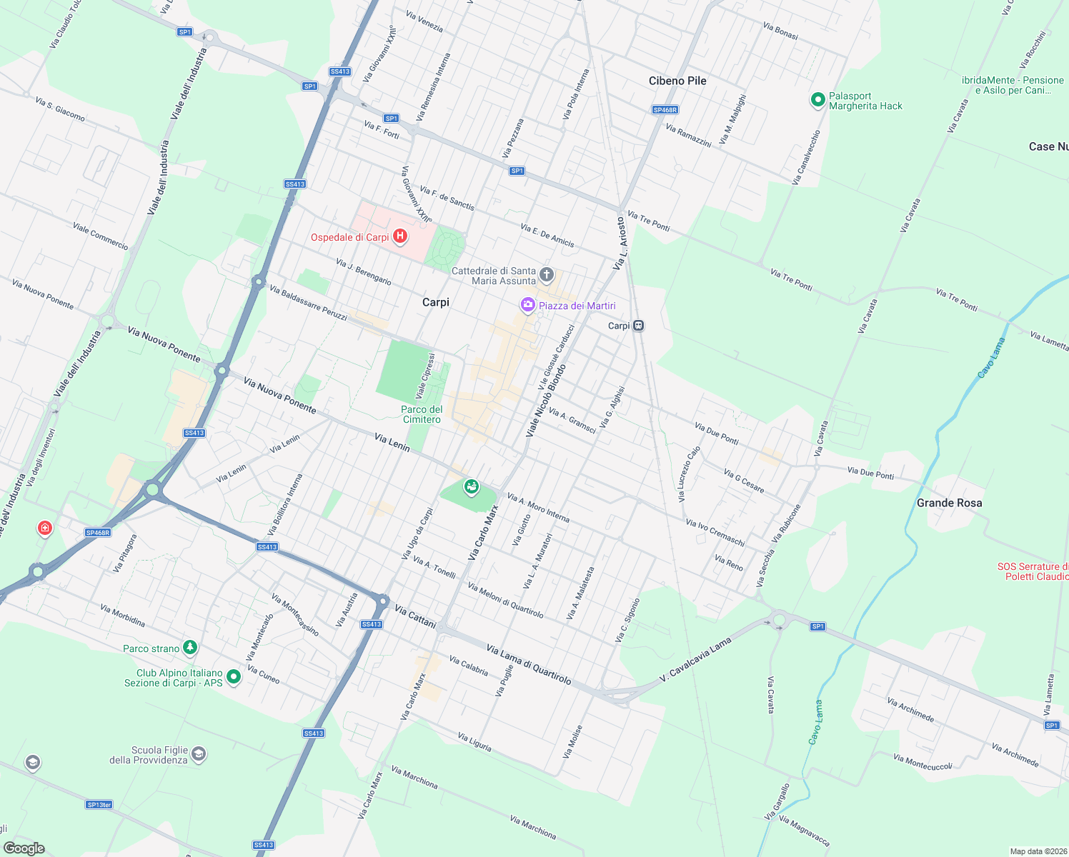 map of restaurants, bars, coffee shops, grocery stores, and more near 29 Viale Nicolò Biondo in Carpi Centro