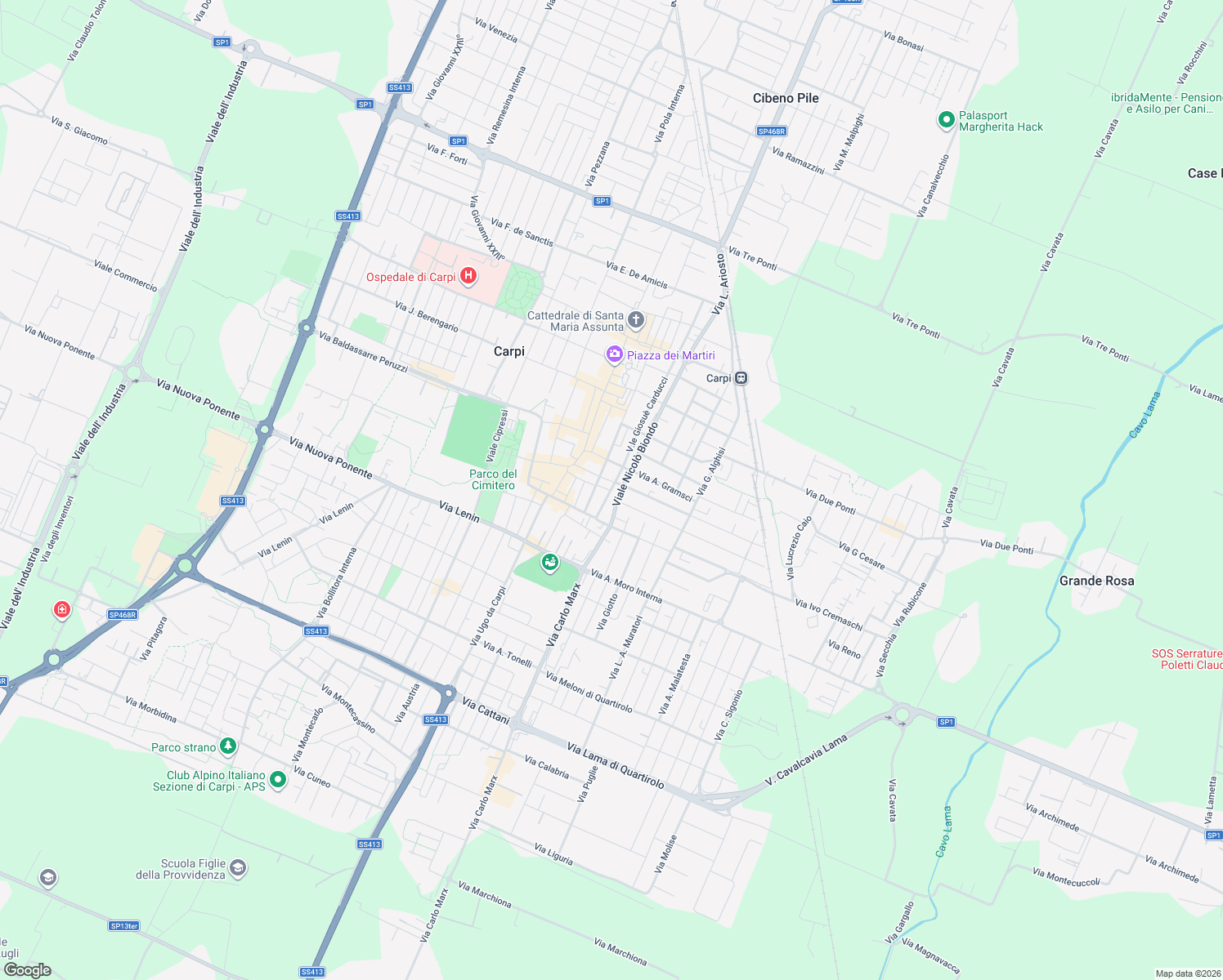 map of restaurants, bars, coffee shops, grocery stores, and more near Viale Nicolò Biondo in Carpi