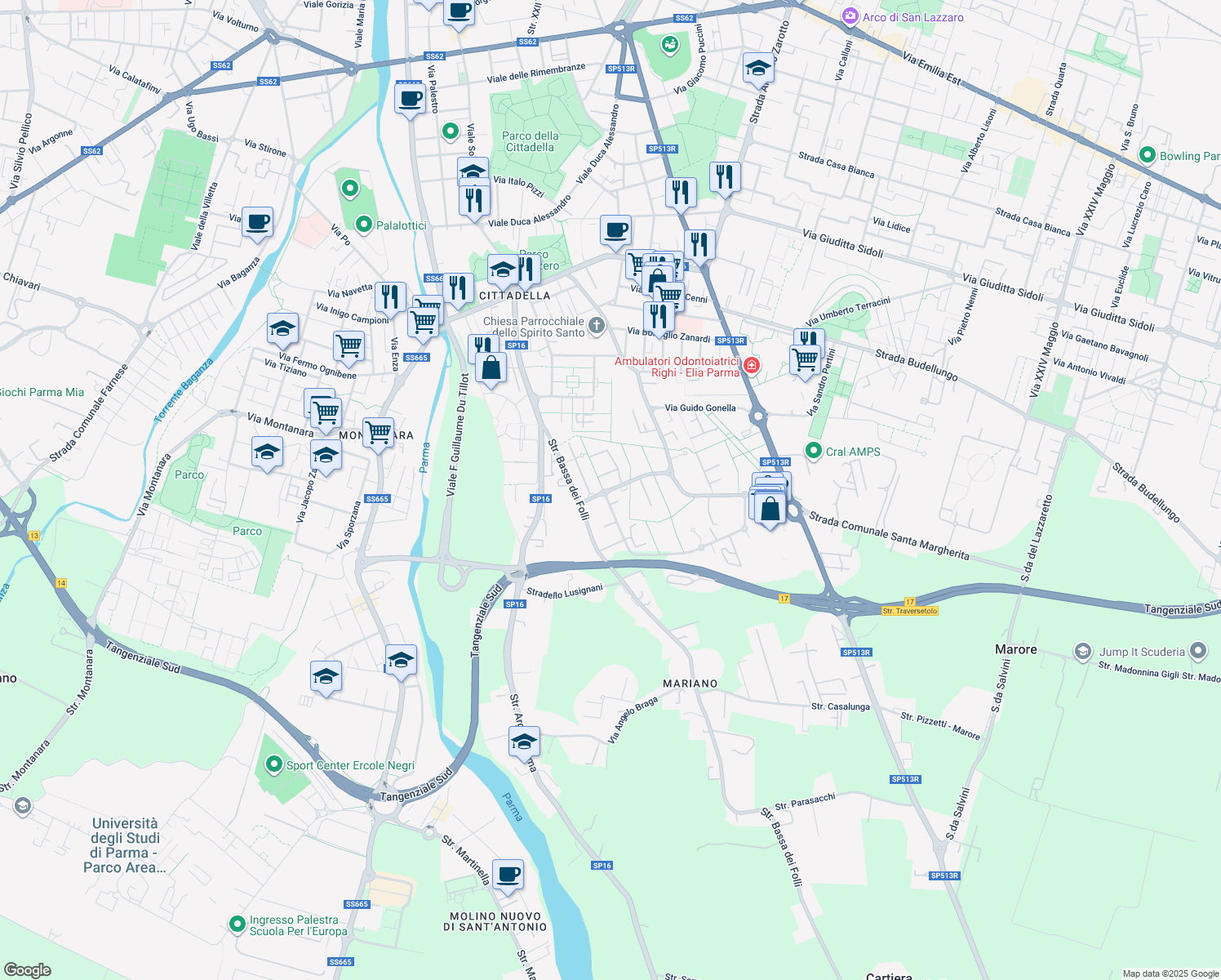 map of restaurants, bars, coffee shops, grocery stores, and more near 5 Stradello Emanuele Petri in Provincia di Parma
