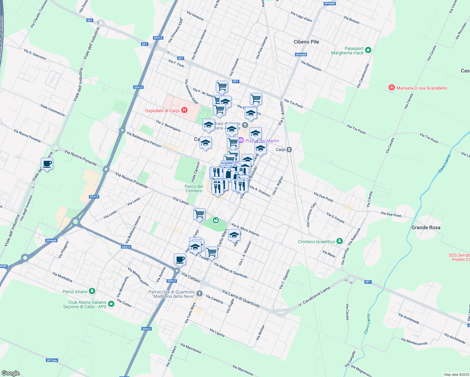 map of restaurants, bars, coffee shops, grocery stores, and more near 6 Via Sbrilanci Ugo in Carpi Centro