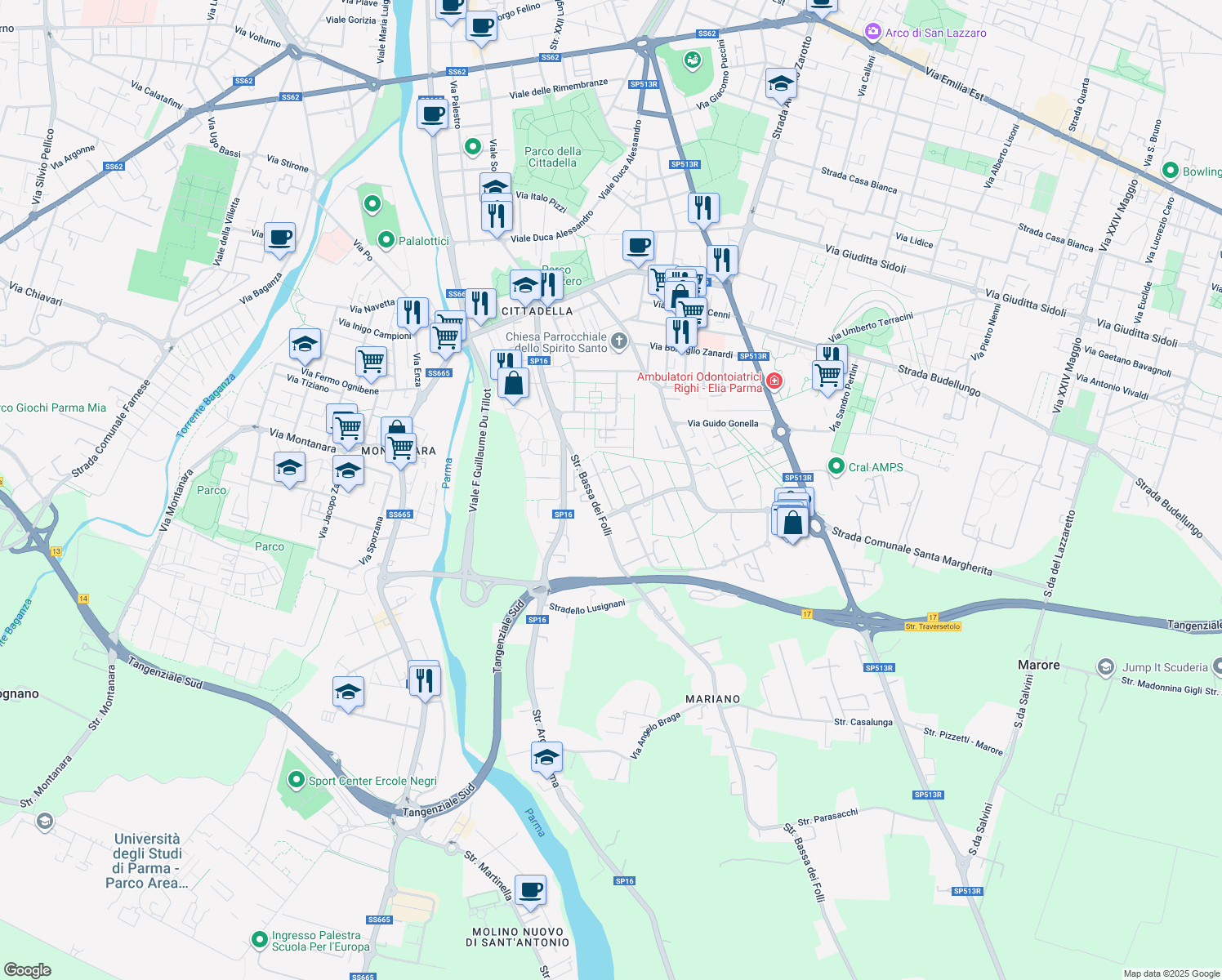 map of restaurants, bars, coffee shops, grocery stores, and more near 5 Stradello Emanuele Petri in Provincia di Parma