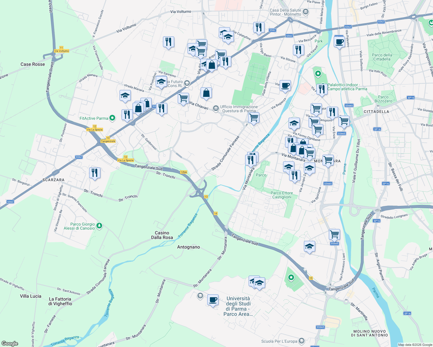 map of restaurants, bars, coffee shops, grocery stores, and more near 59 Via Pasquale Galluppi in Provincia di Parma