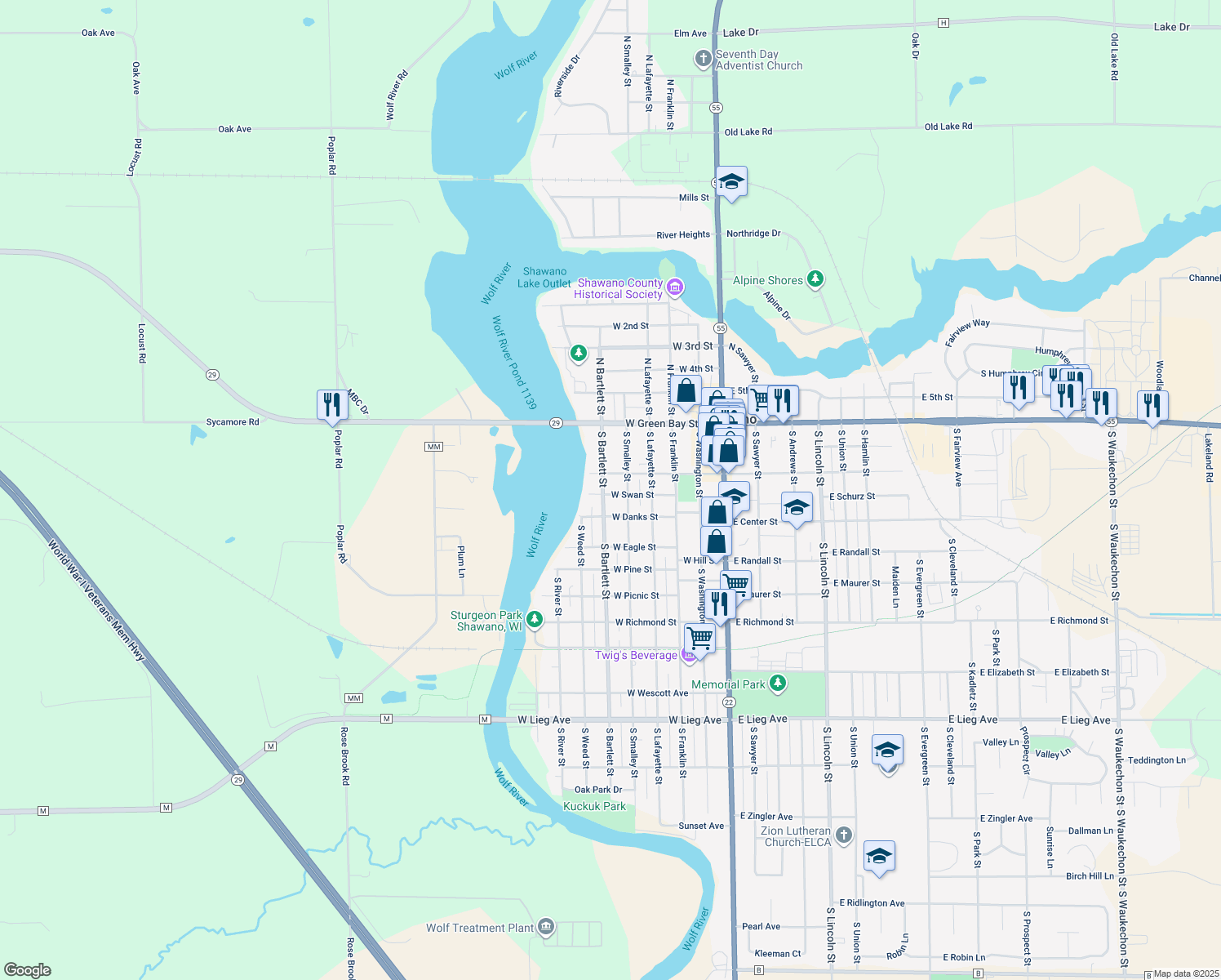 map of restaurants, bars, coffee shops, grocery stores, and more near 218 South Bartlett Street in Shawano