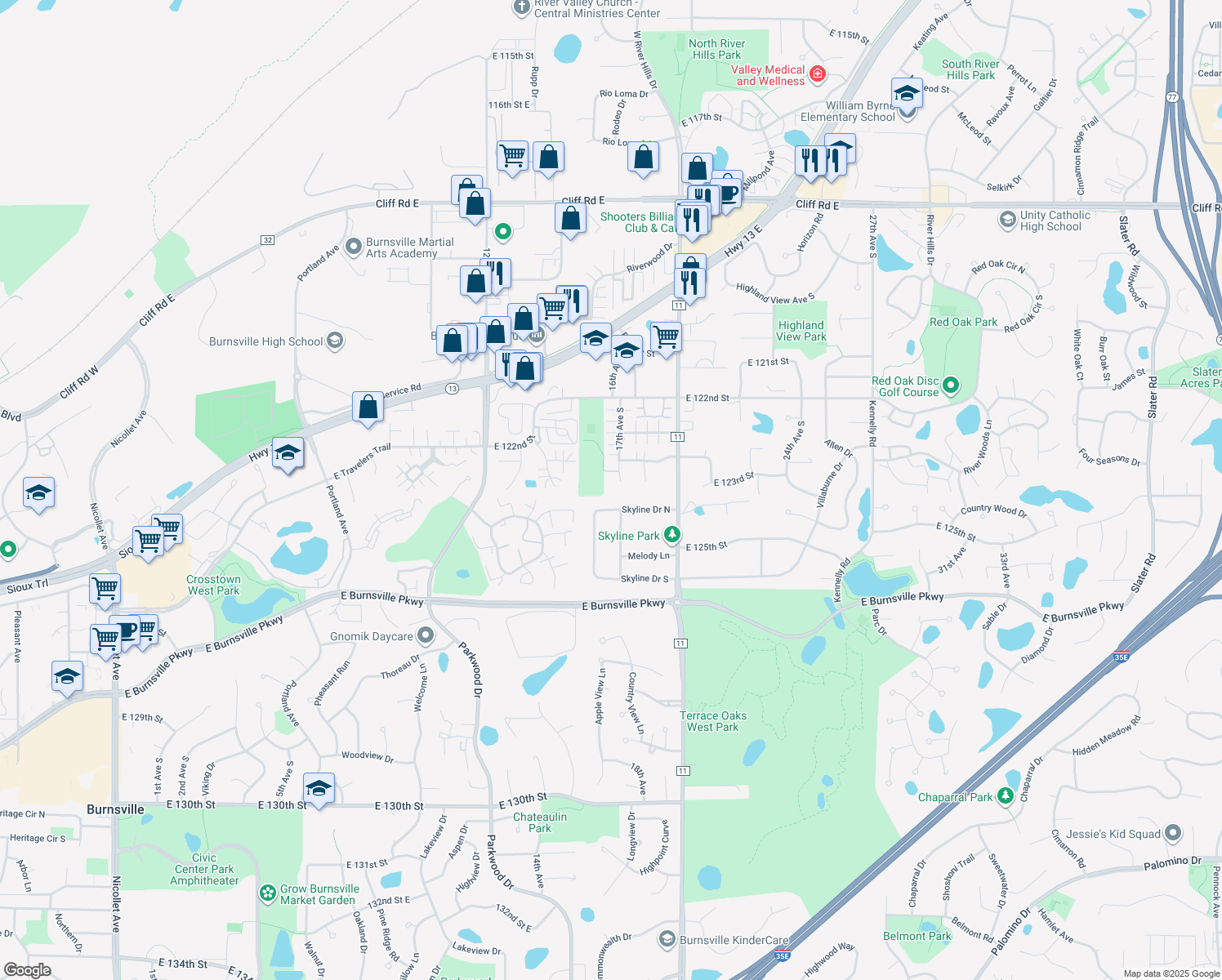 map of restaurants, bars, coffee shops, grocery stores, and more near 12318 17th Avenue South in Burnsville