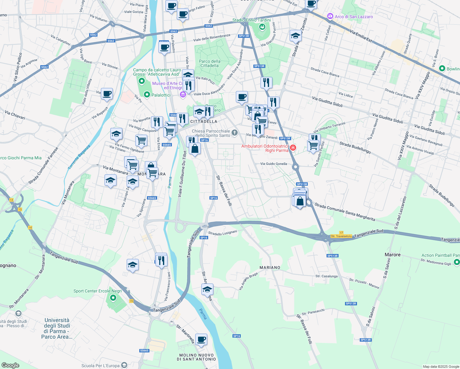map of restaurants, bars, coffee shops, grocery stores, and more near 1 Via Giuseppe Impastato in Provincia di Parma