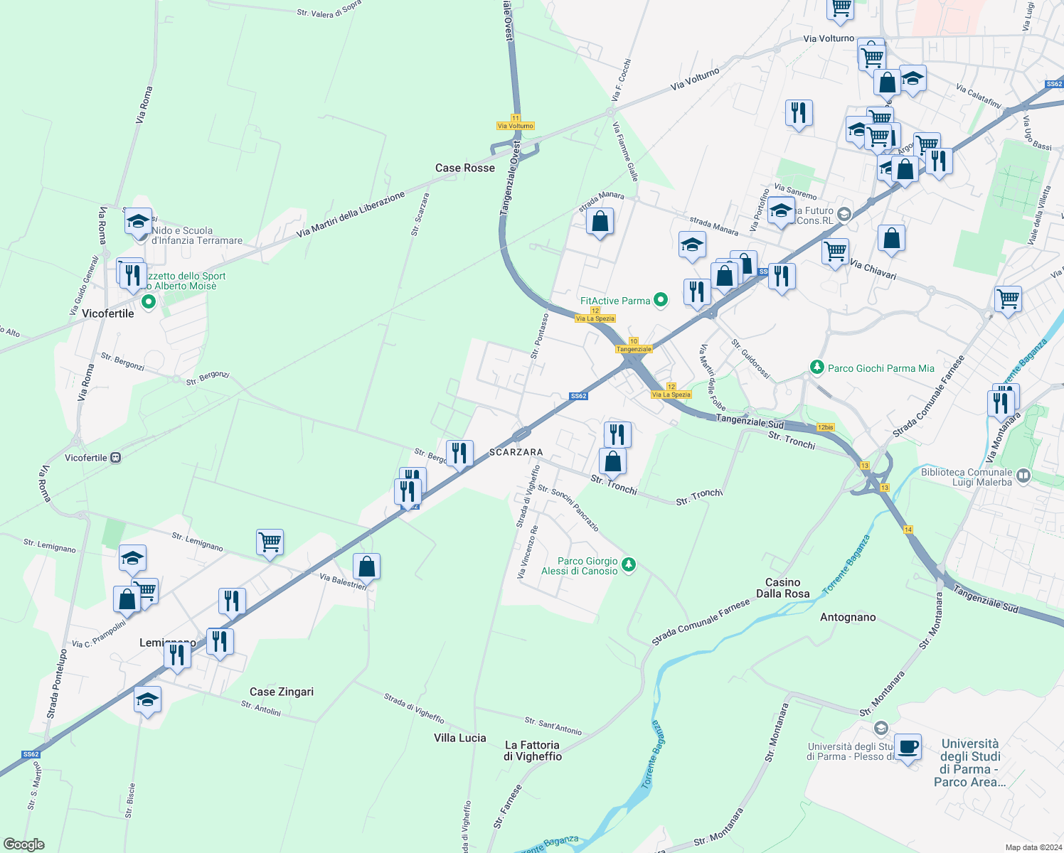 map of restaurants, bars, coffee shops, grocery stores, and more near 184 Via La Spezia in Parma