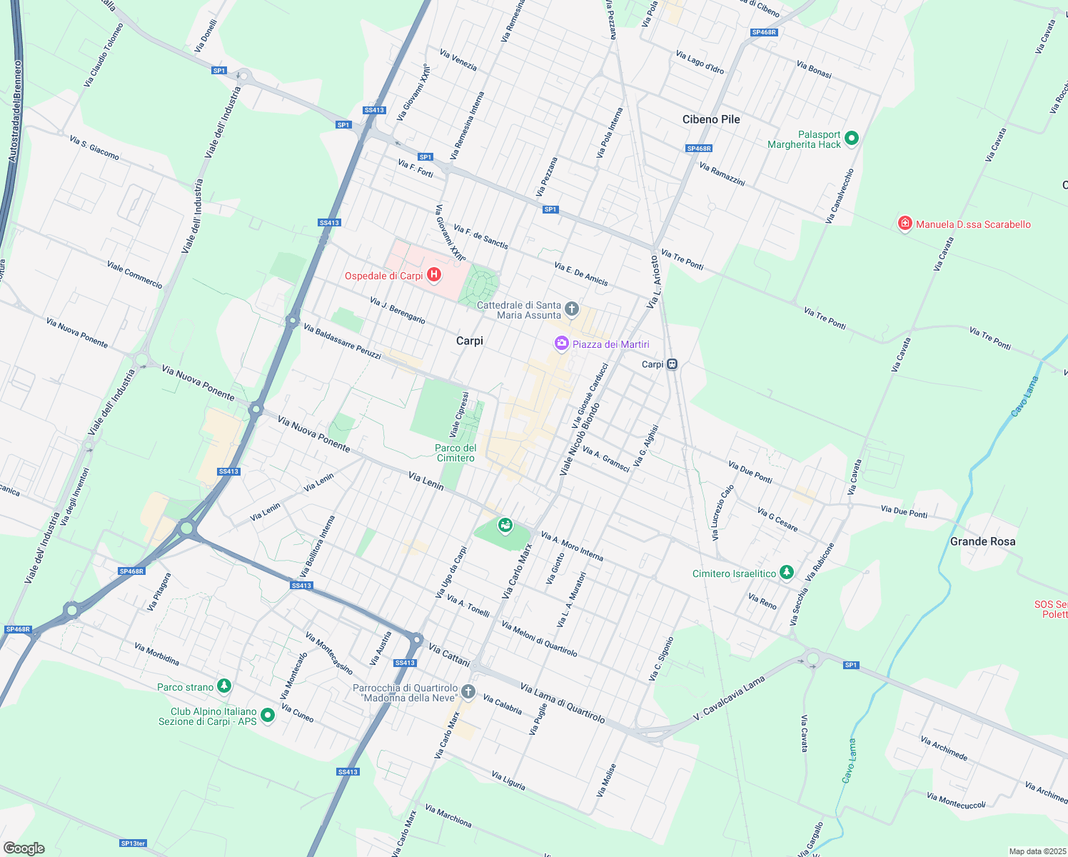 map of restaurants, bars, coffee shops, grocery stores, and more near 6 Via Ugo Sbrillanci in Carpi