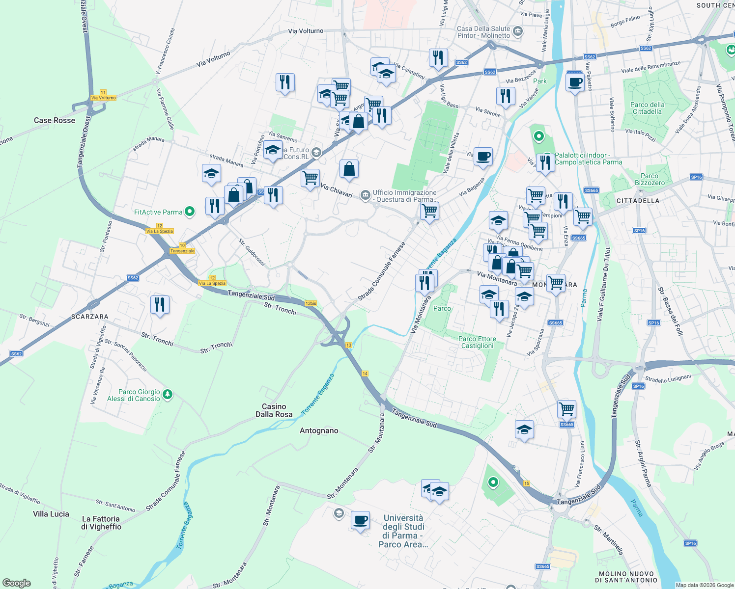 map of restaurants, bars, coffee shops, grocery stores, and more near 59 Via Pasquale Galluppi in Provincia di Parma