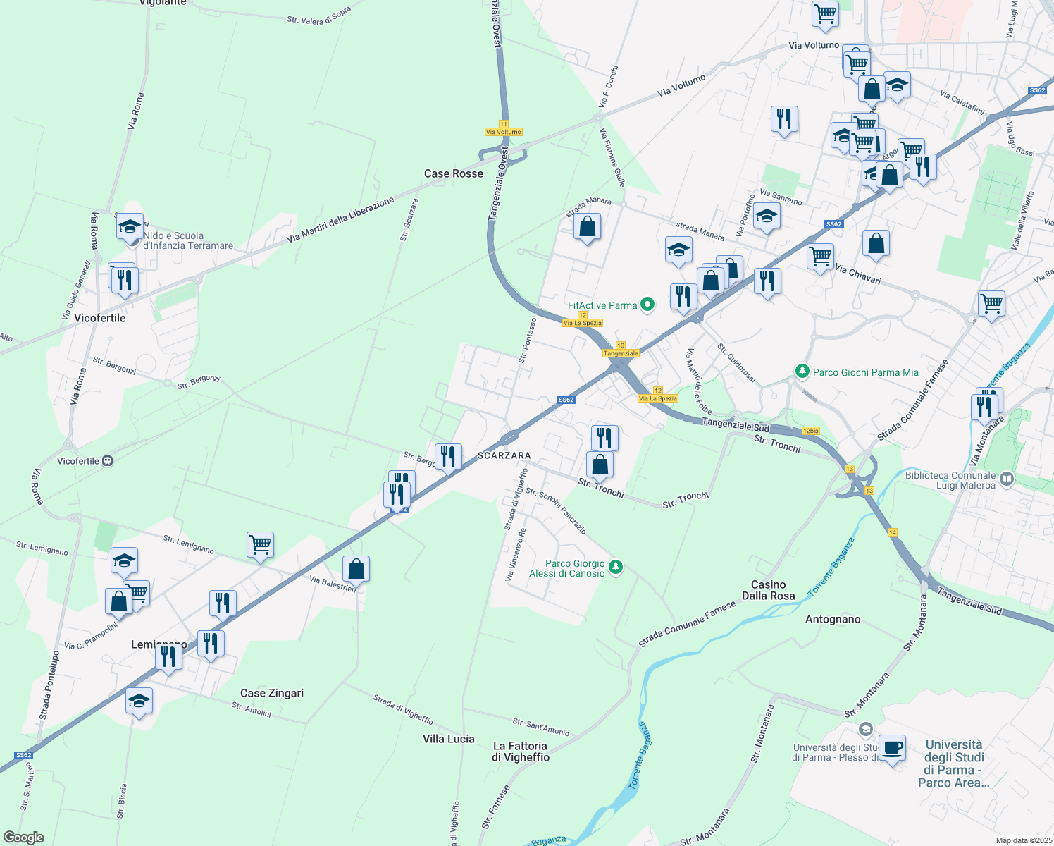 map of restaurants, bars, coffee shops, grocery stores, and more near 184 Via la Spezia in Parma