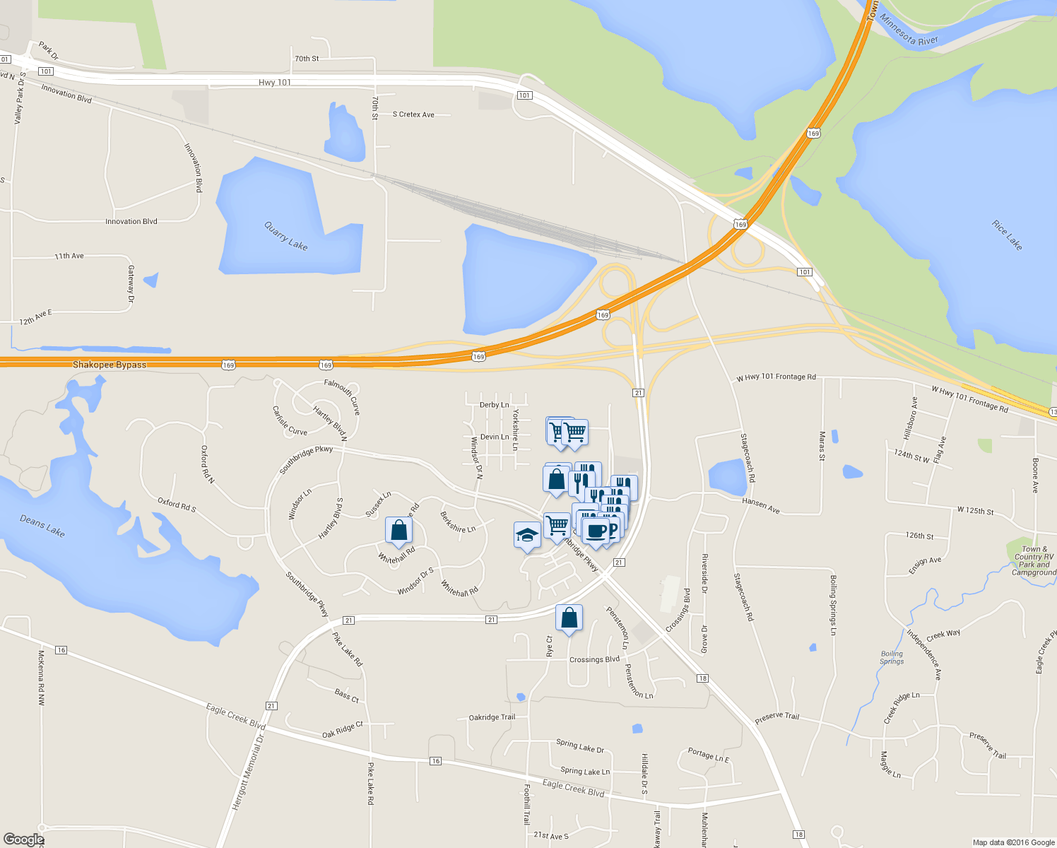 map of restaurants, bars, coffee shops, grocery stores, and more near 1367 Yorkshire Lane in Shakopee