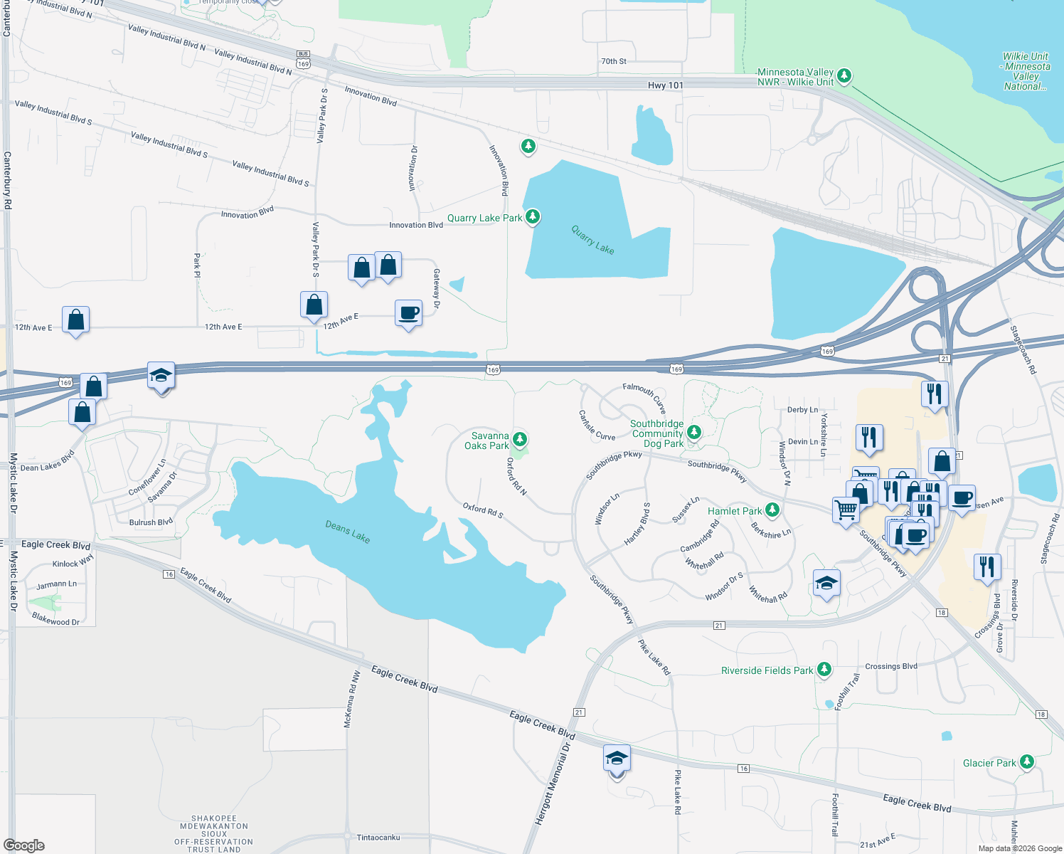 map of restaurants, bars, coffee shops, grocery stores, and more near 6235 Wakefield Court in Shakopee