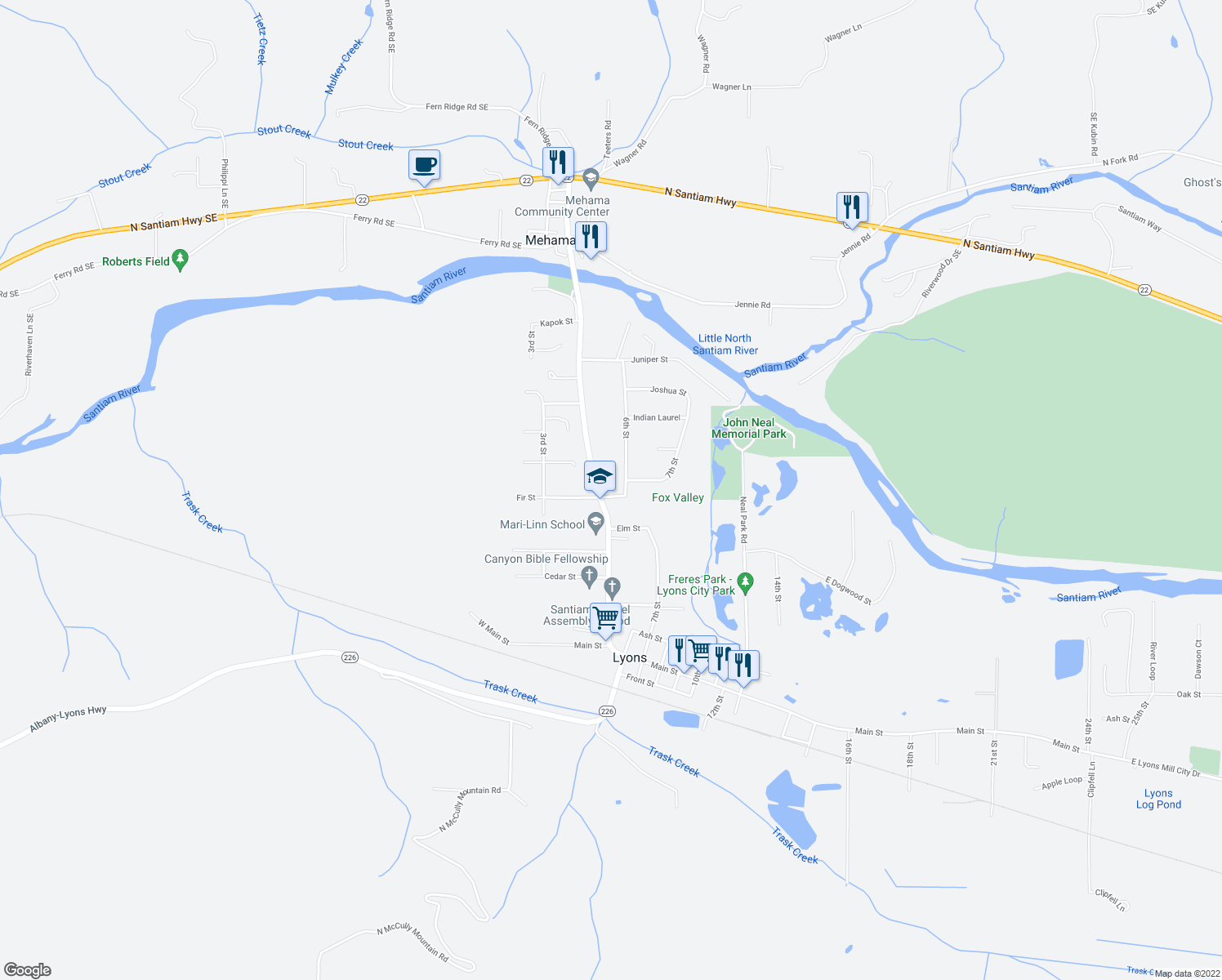 map of restaurants, bars, coffee shops, grocery stores, and more near 520 Fir Street in Lyons