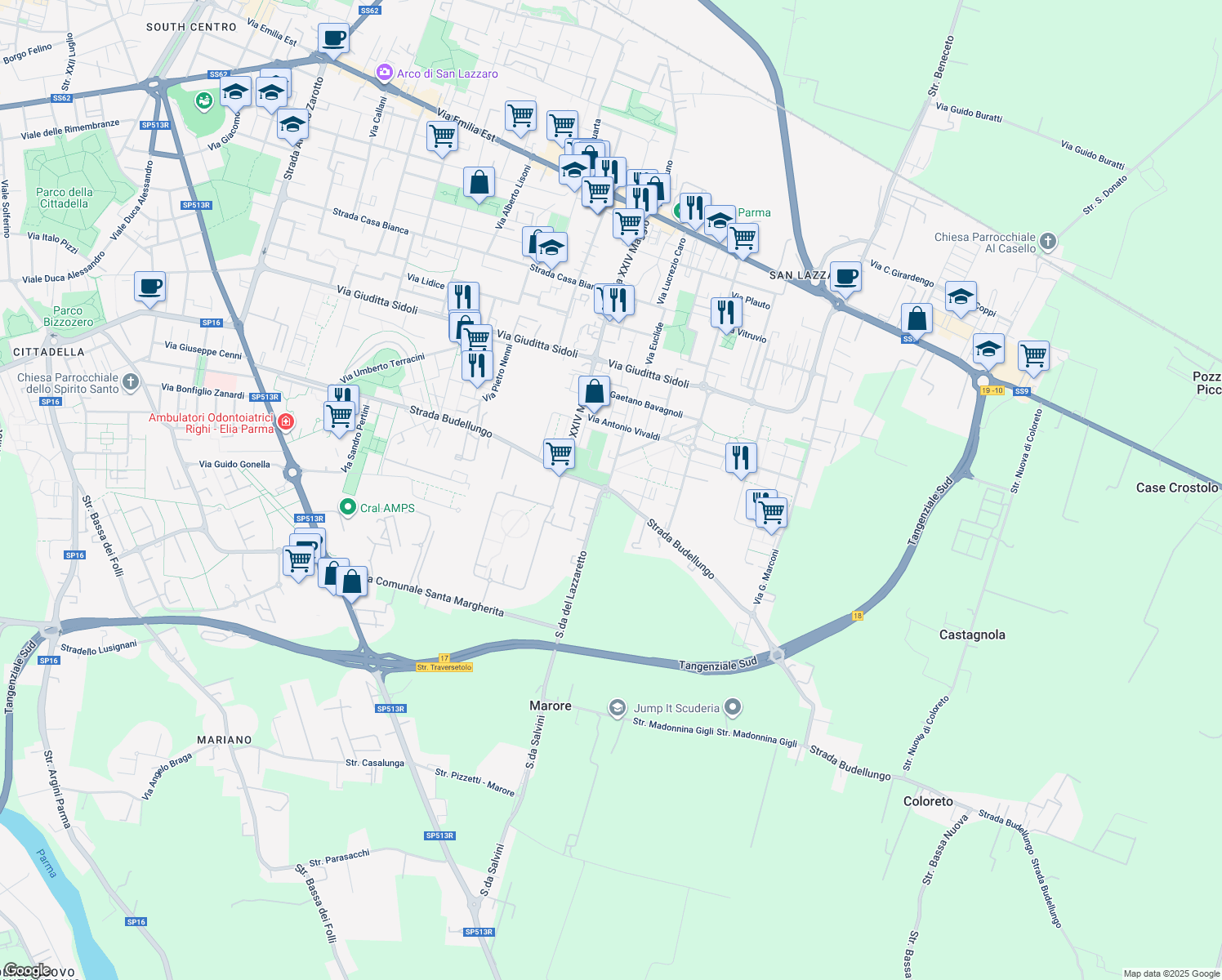 map of restaurants, bars, coffee shops, grocery stores, and more near 15 Via Salvador Dalì in Parma