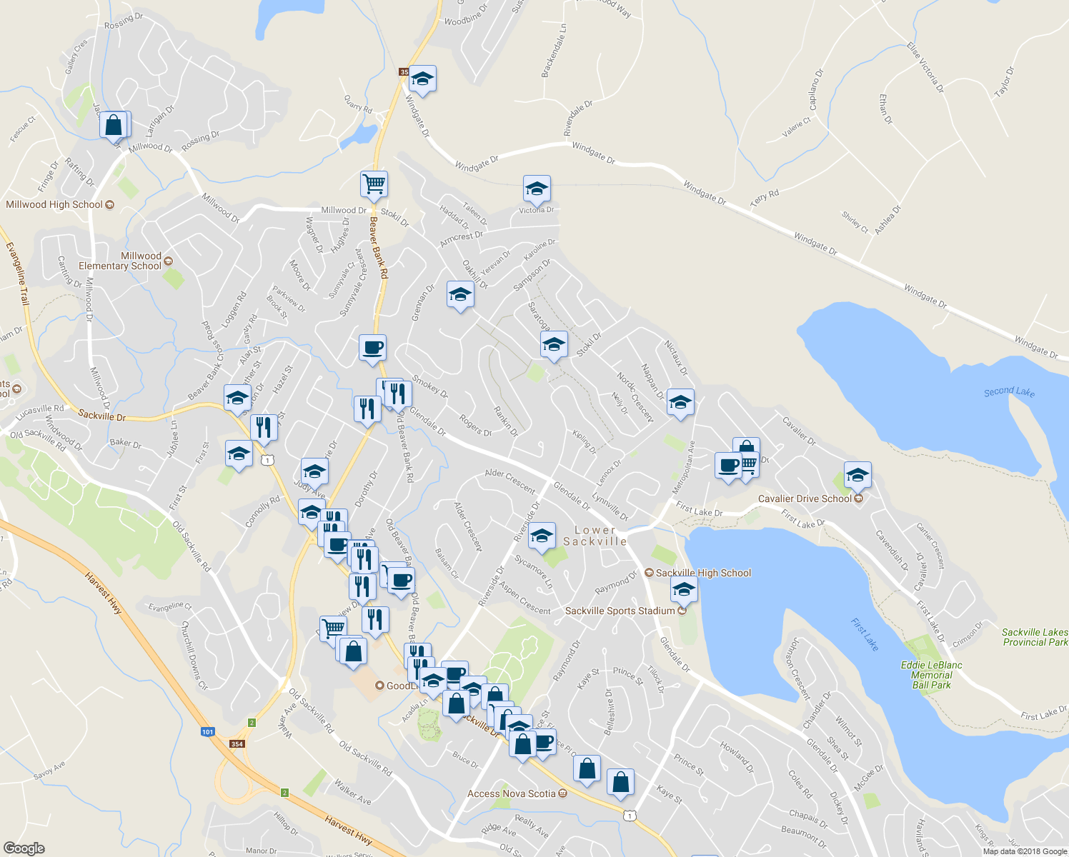 map of restaurants, bars, coffee shops, grocery stores, and more near 39 Rankin Drive in Lower Sackville