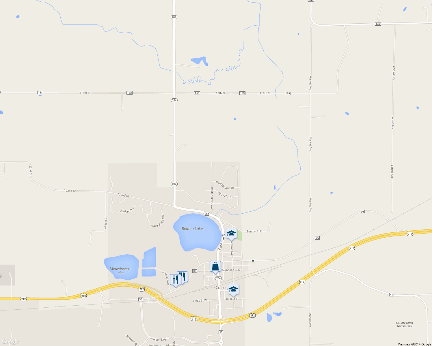 map of restaurants, bars, coffee shops, grocery stores, and more near 1408 Benton Creek Avenue in Cologne