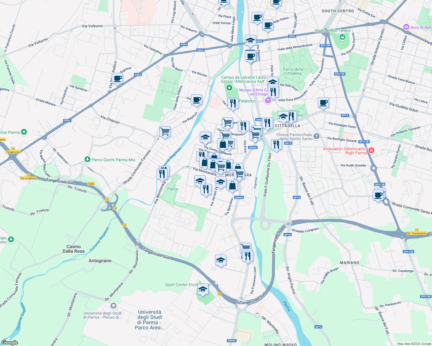 map of restaurants, bars, coffee shops, grocery stores, and more near 17 Via Montanara in Parma