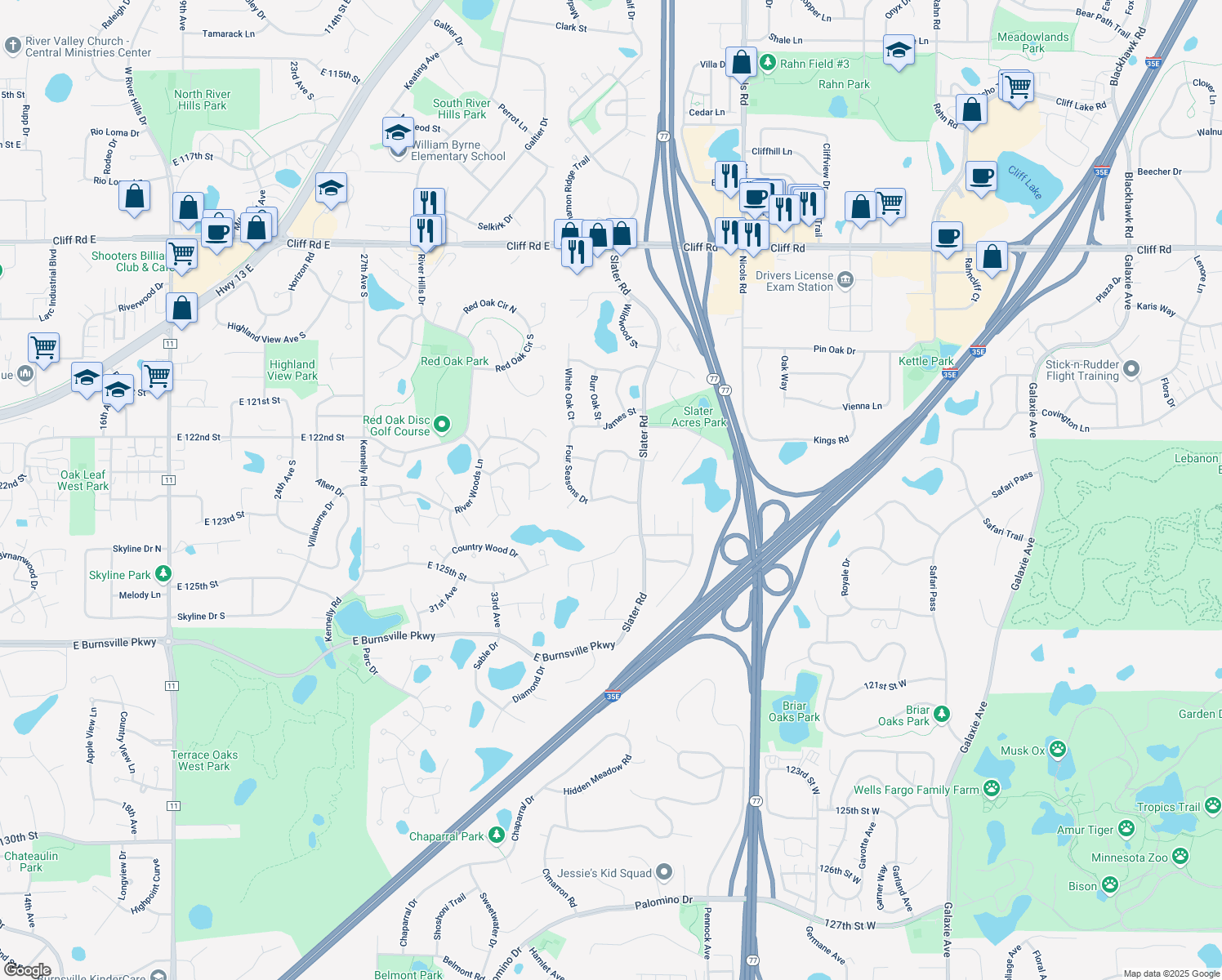 map of restaurants, bars, coffee shops, grocery stores, and more near 4860 Four Seasons Drive in Eagan