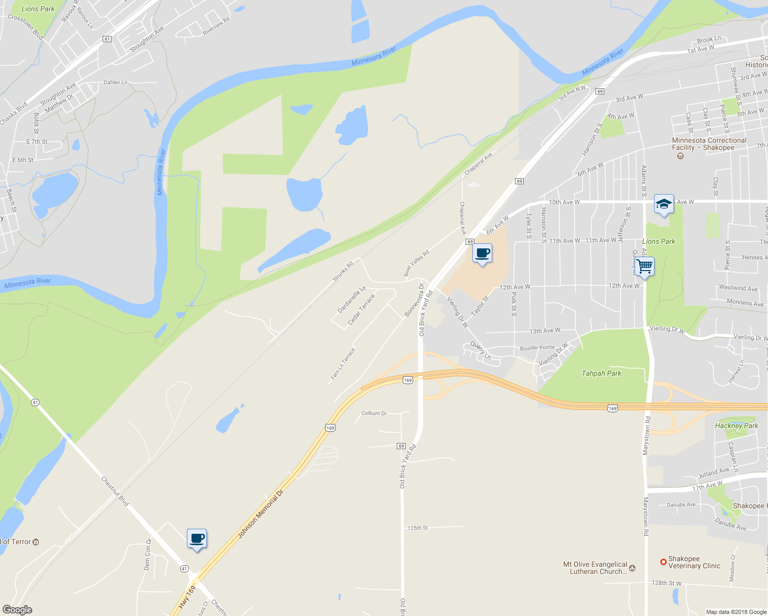 map of restaurants, bars, coffee shops, grocery stores, and more near 268 Bonnevista Terrace in Shakopee