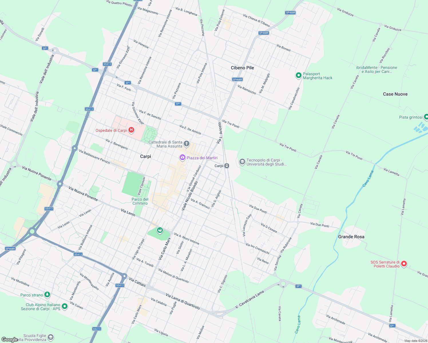 map of restaurants, bars, coffee shops, grocery stores, and more near 8 Via Antonio Vivaldi in Carpi