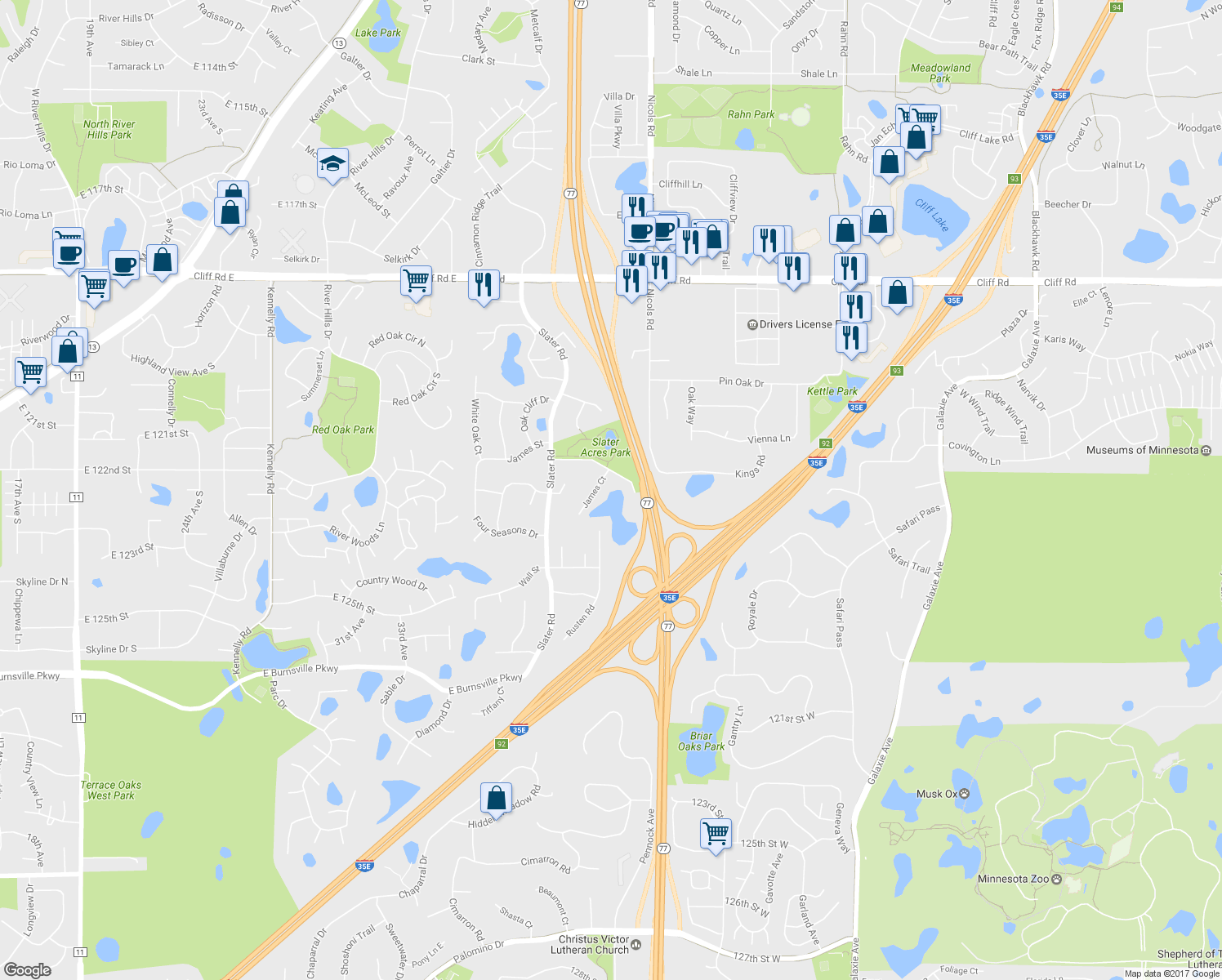 map of restaurants, bars, coffee shops, grocery stores, and more near 2210 James Court in Eagan