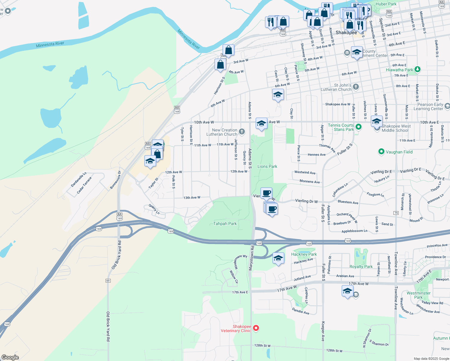 map of restaurants, bars, coffee shops, grocery stores, and more near 1232 Madison Street South in Shakopee