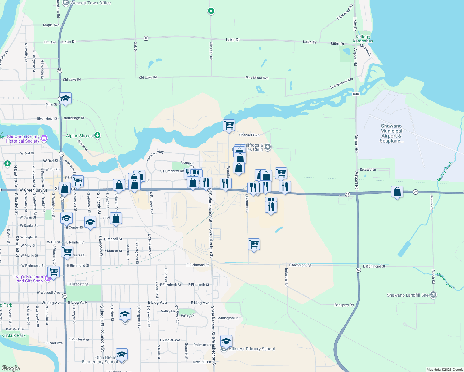 map of restaurants, bars, coffee shops, grocery stores, and more near 1207 E Green Bay St in Shawano