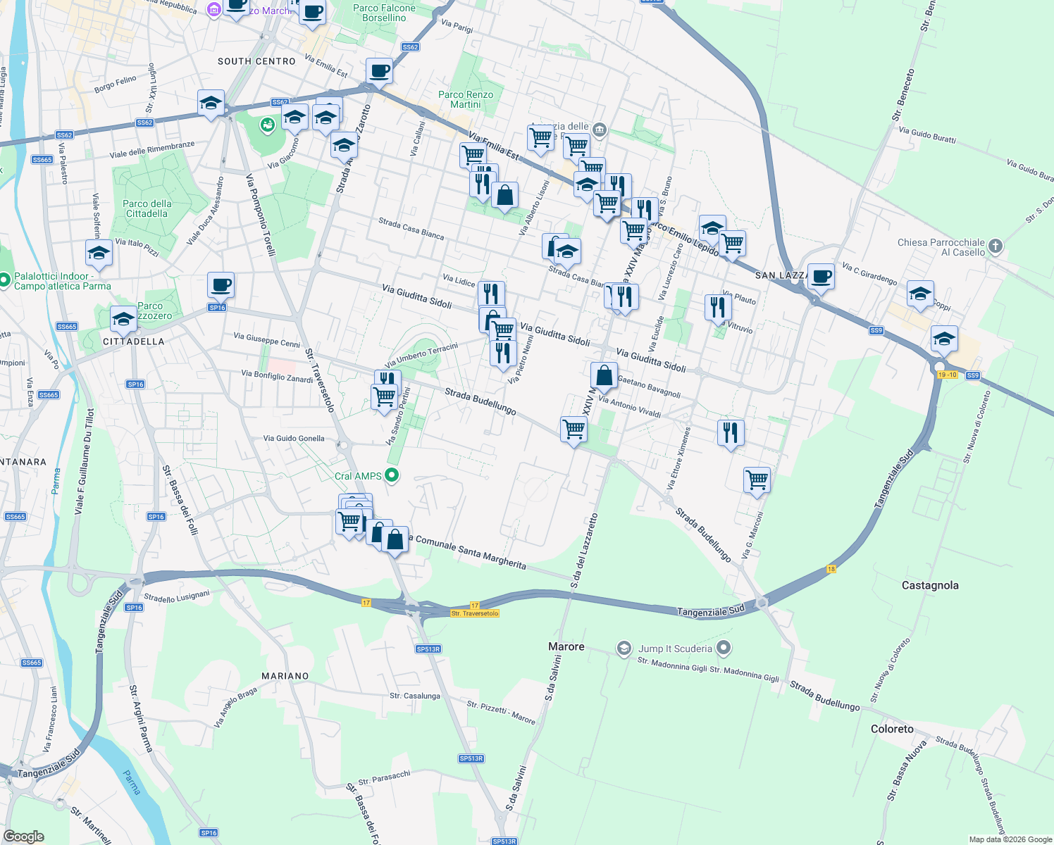 map of restaurants, bars, coffee shops, grocery stores, and more near 37 Strada Budellungo in Parma