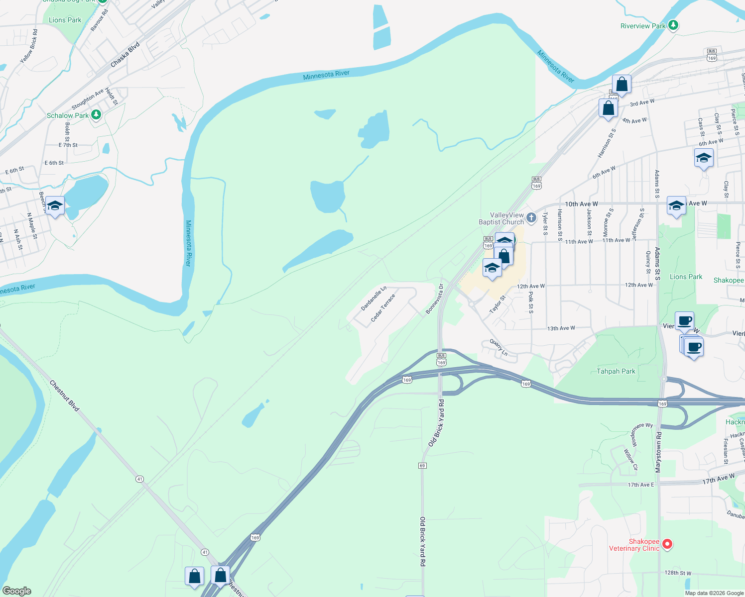 map of restaurants, bars, coffee shops, grocery stores, and more near 648 Dardanelle Lane in Shakopee