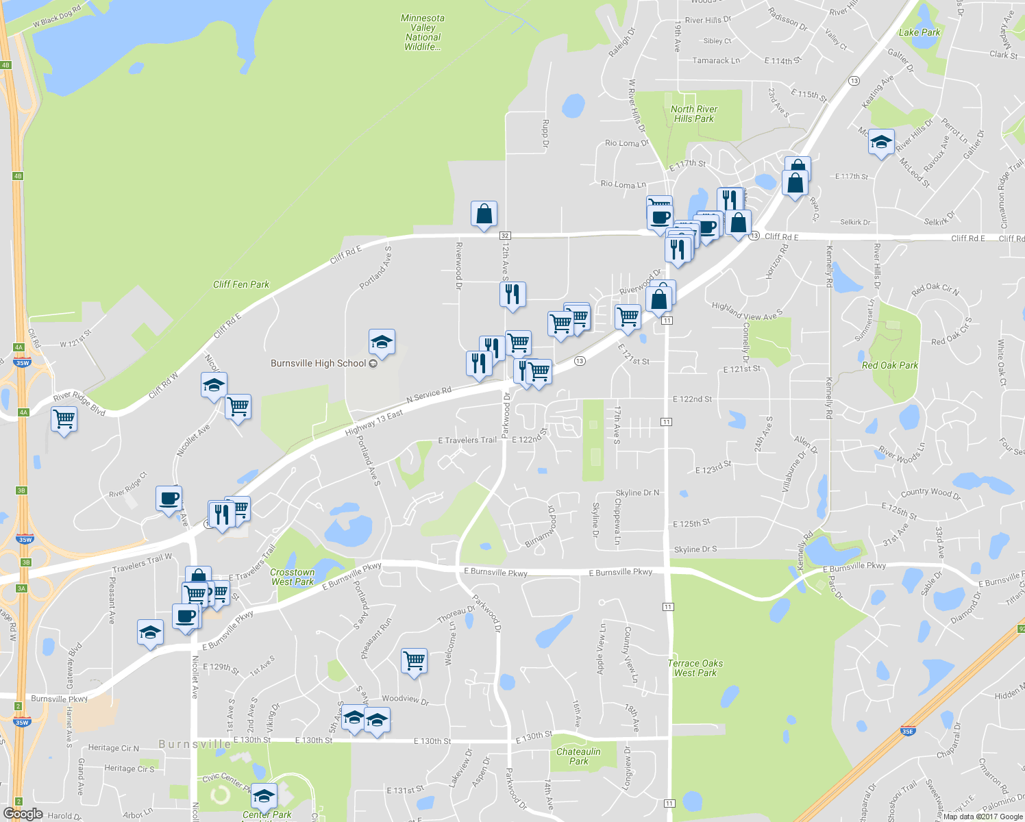 map of restaurants, bars, coffee shops, grocery stores, and more near 12214 River Valley Drive in Burnsville