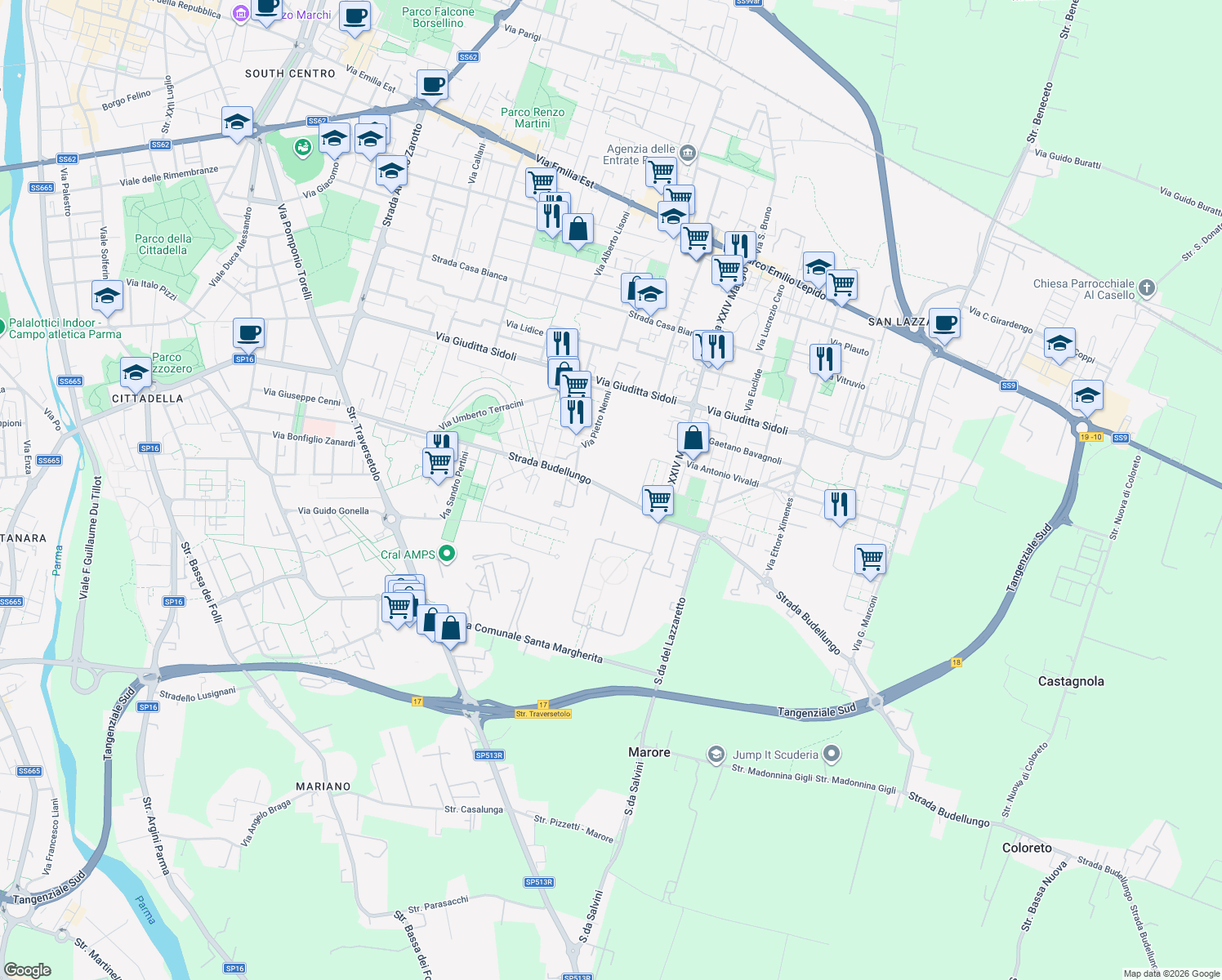 map of restaurants, bars, coffee shops, grocery stores, and more near 37 Strada Budellungo in Parma