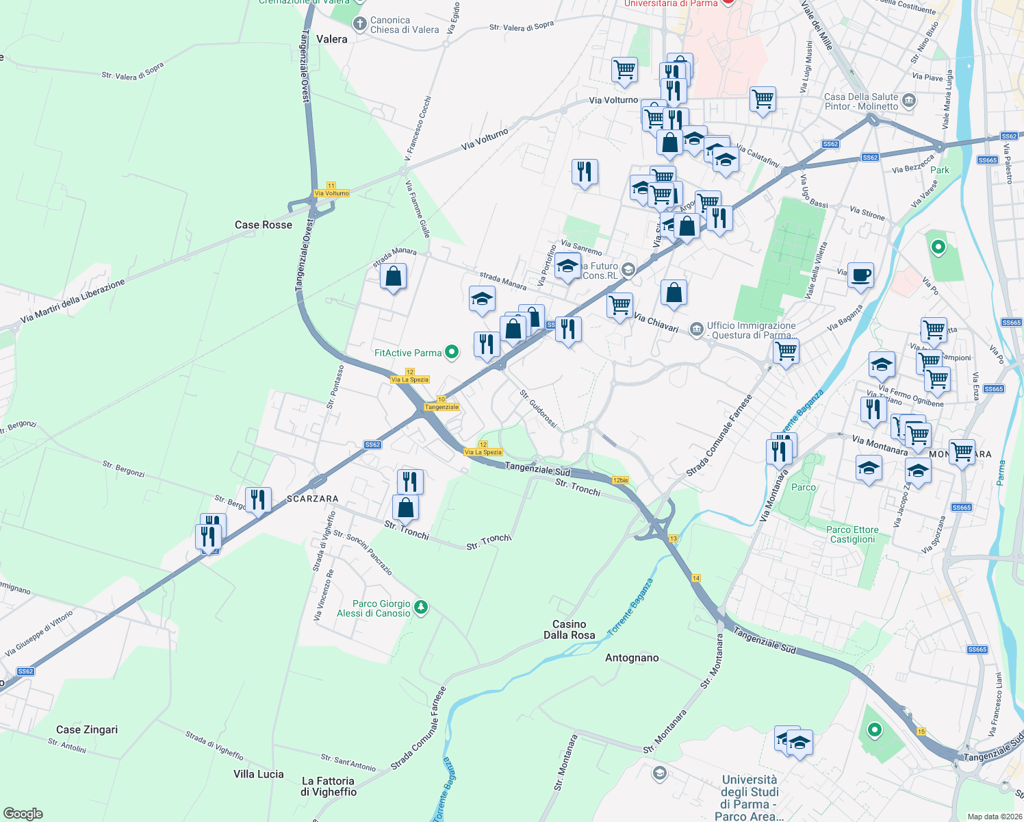 map of restaurants, bars, coffee shops, grocery stores, and more near 13 Via Nicola Calipari in Parma