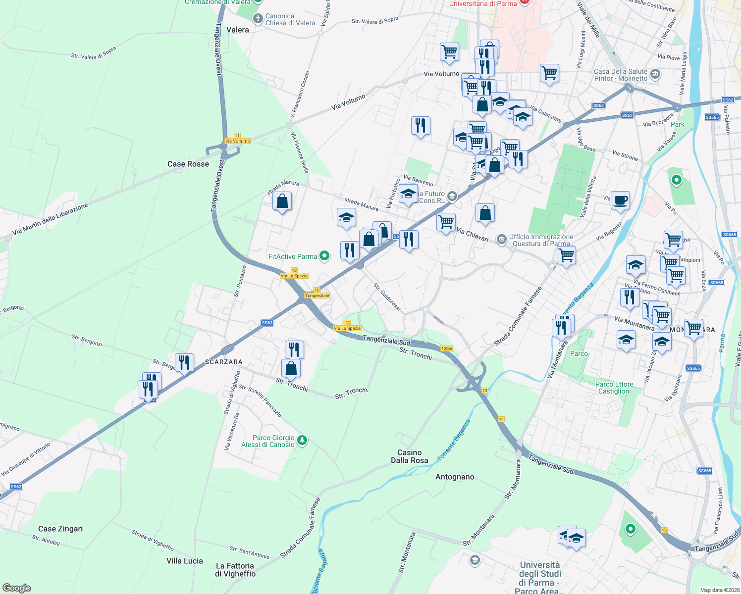 map of restaurants, bars, coffee shops, grocery stores, and more near 13 Via Nicola Calipari in Parma