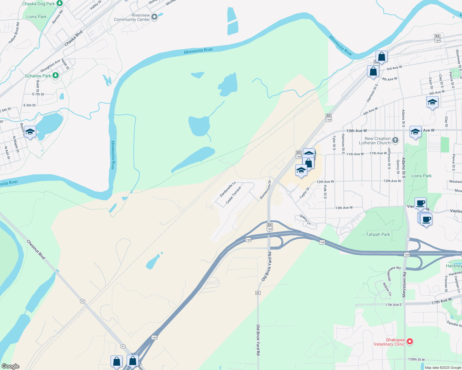 map of restaurants, bars, coffee shops, grocery stores, and more near 636 Dardanelle Ln in Shakopee