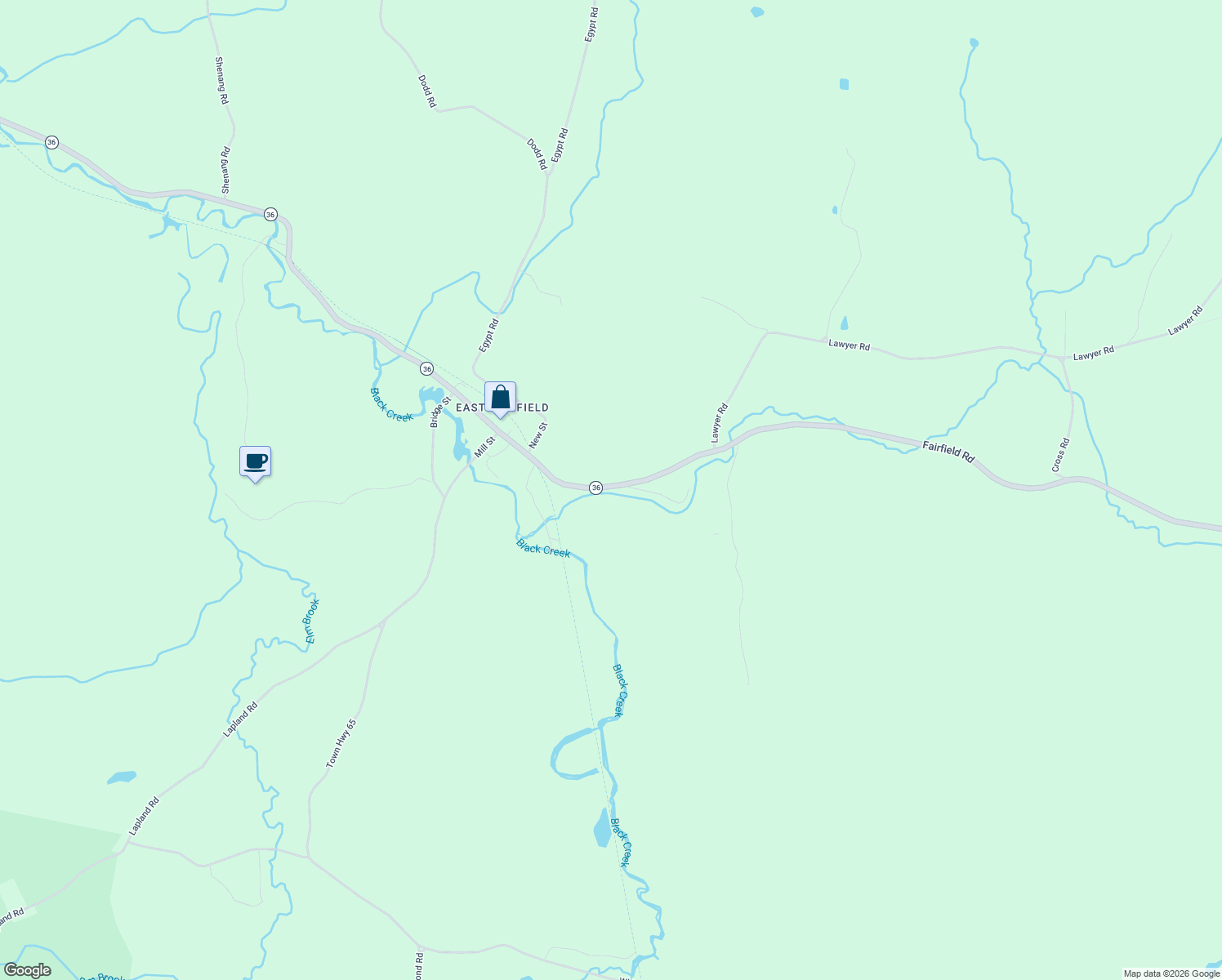 map of restaurants, bars, coffee shops, grocery stores, and more near 9764 Vermont 36 in Fairfield