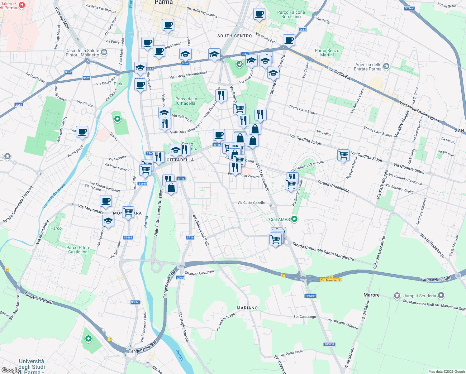 map of restaurants, bars, coffee shops, grocery stores, and more near 1 Via Alcide de Gasperi in Parma