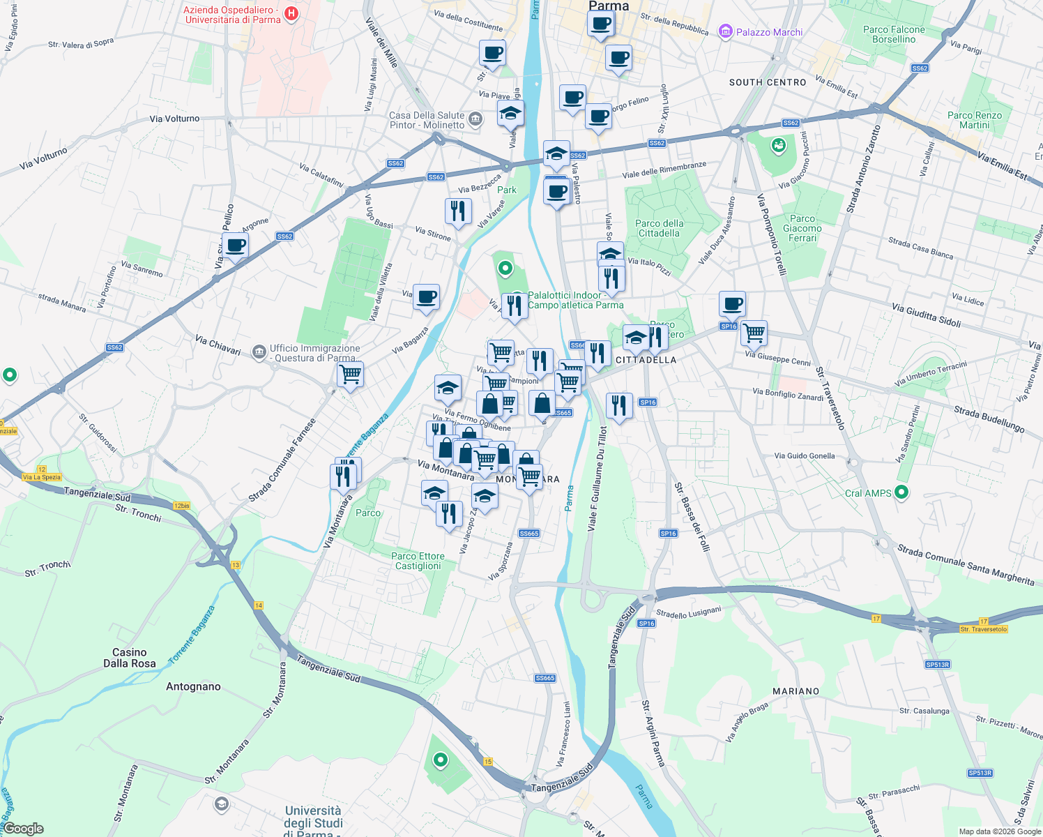 map of restaurants, bars, coffee shops, grocery stores, and more near 9-15 Via Mario Jacchia in Parma