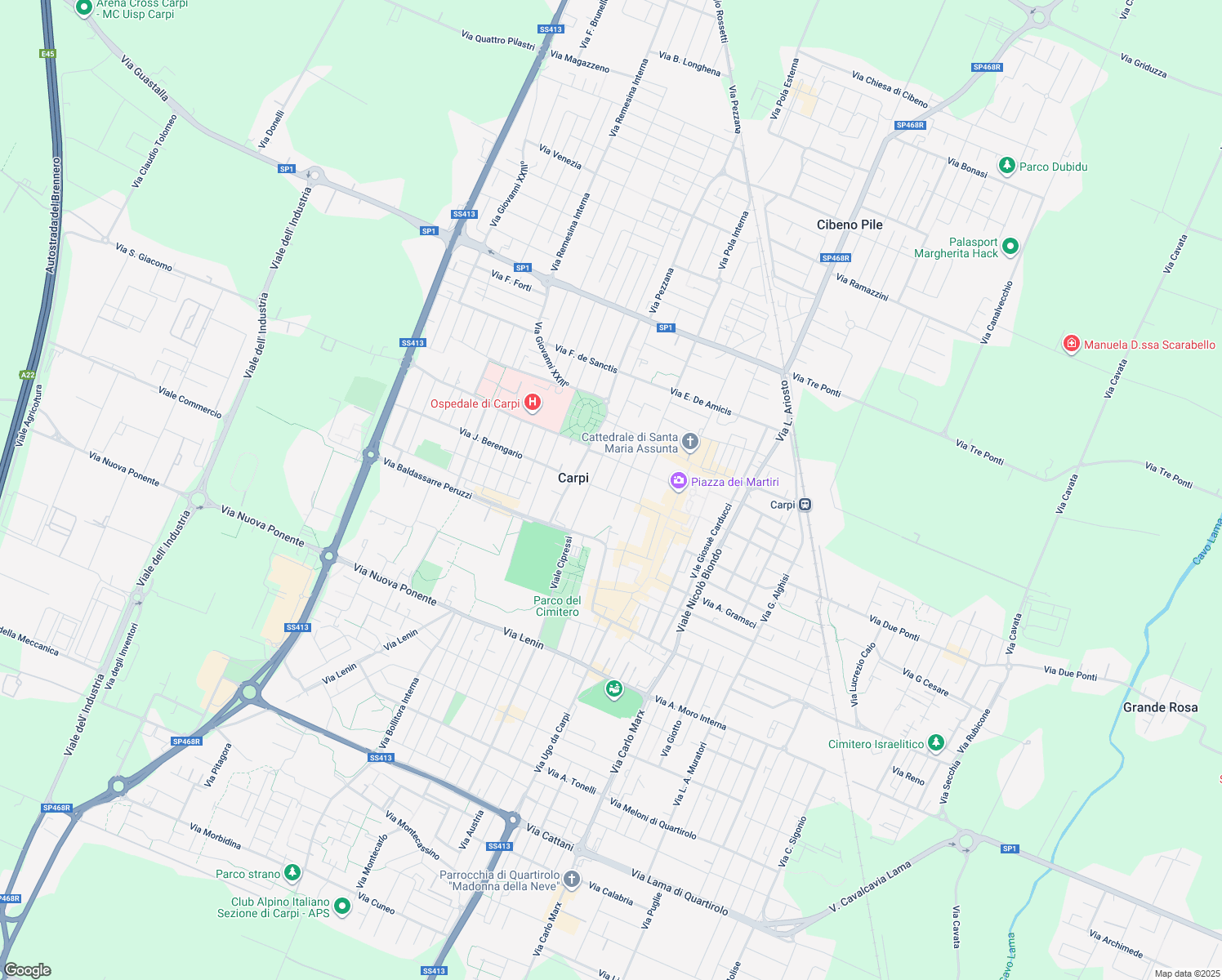 map of restaurants, bars, coffee shops, grocery stores, and more near 9 Viale Guido Fassi in Carpi