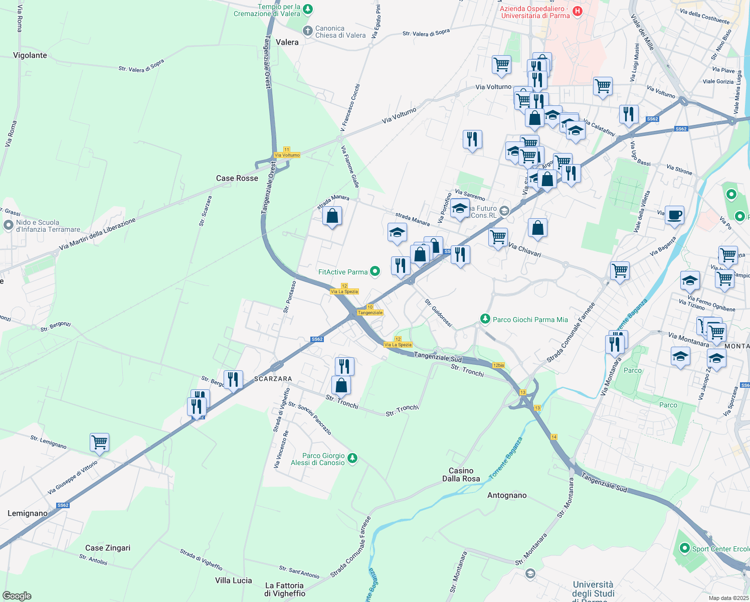 map of restaurants, bars, coffee shops, grocery stores, and more near 187 Via la Spezia in Parma
