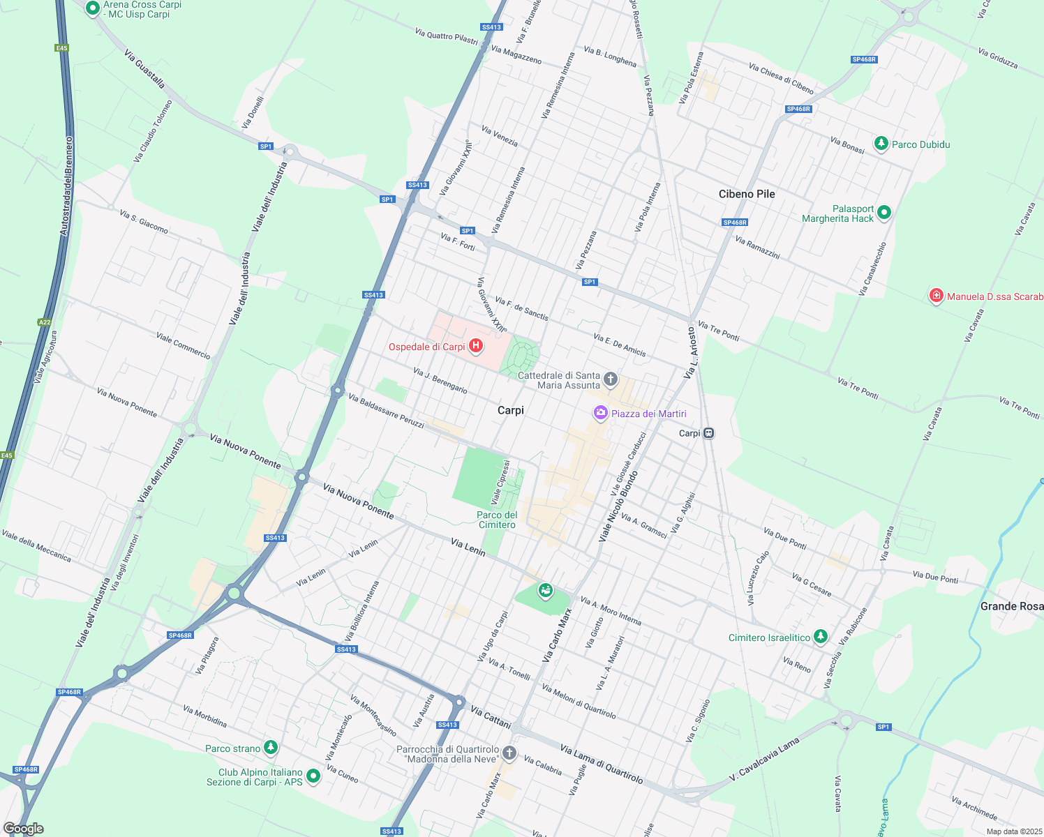 map of restaurants, bars, coffee shops, grocery stores, and more near 9 Via Guido Fassi in Carpi